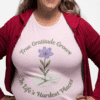True Gratitude Grows...Hard Places Short Sleeve T-shirt in Light Pink on plus size model wearing red sweater.