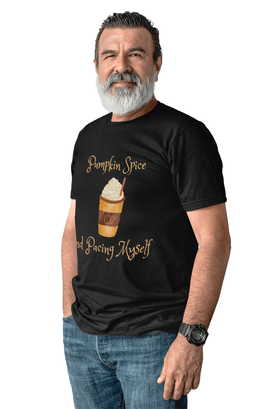 Pumpkin Spice and Pacing Myself Short Sleeve T-shirt in Black on male model.