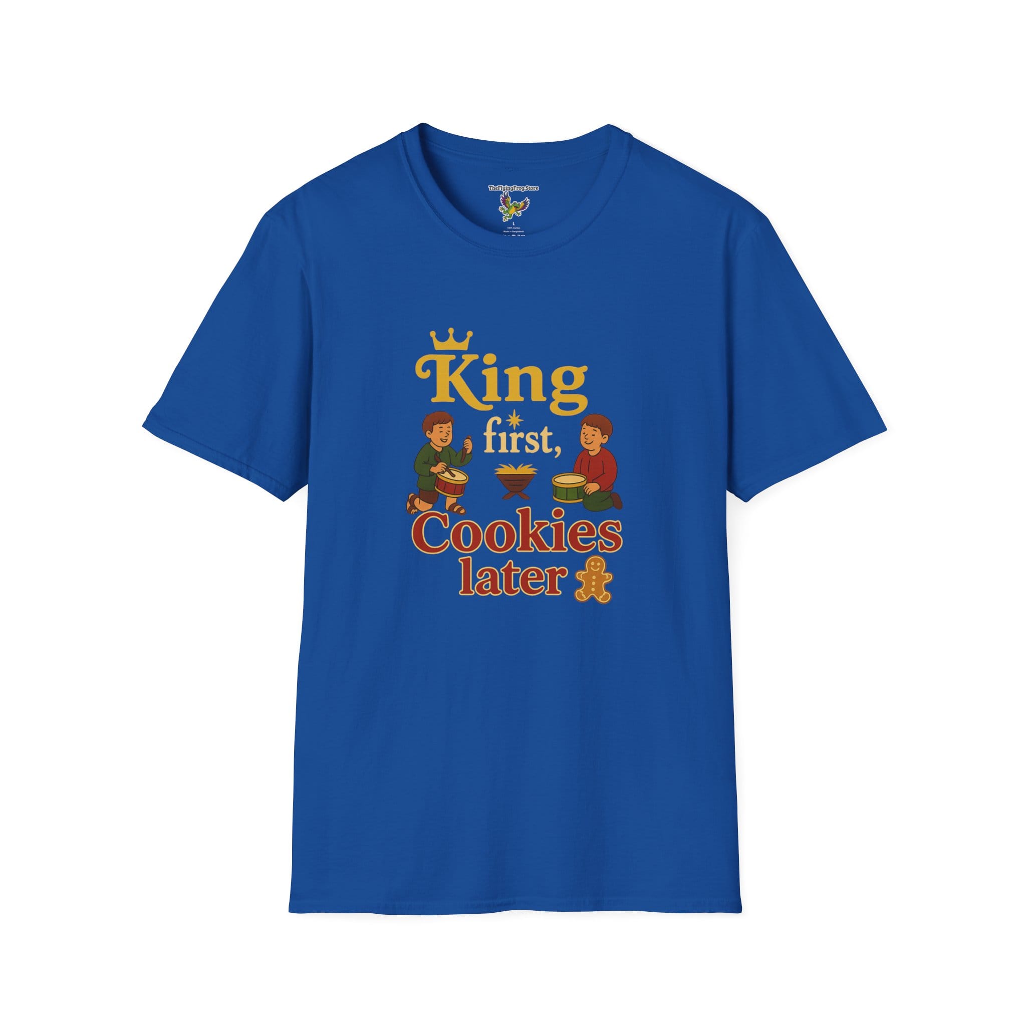 King First, Cookies Later Short Sleeve T-Shirt in Royal blue, front view