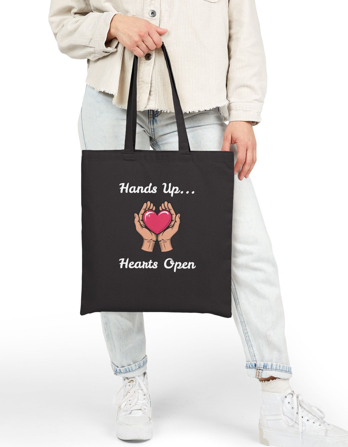 Hands Up... Hearts Open Canvas Tote in Black held by model