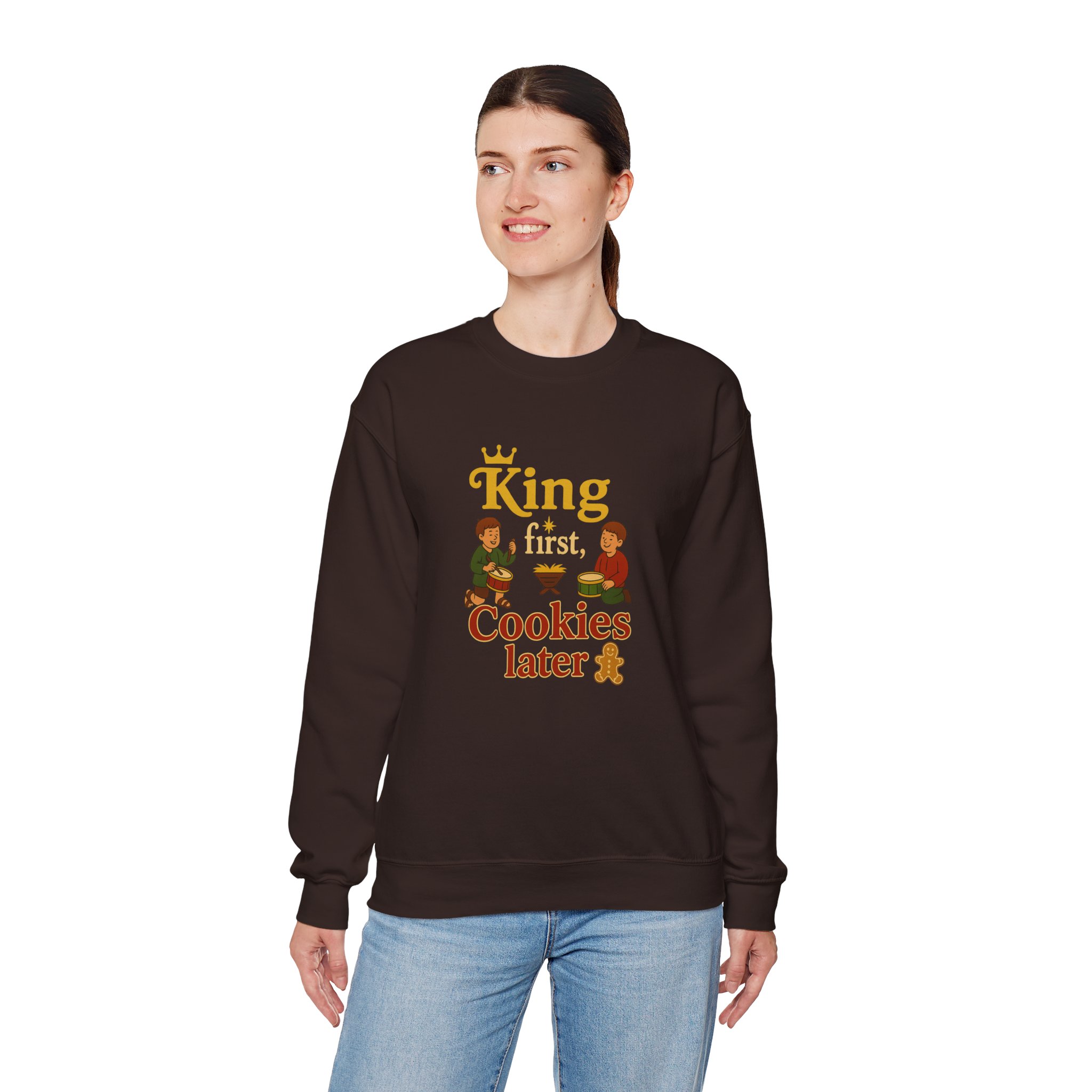 King First, Cookies Later Sweatshirt in Dark Chocolate on female model