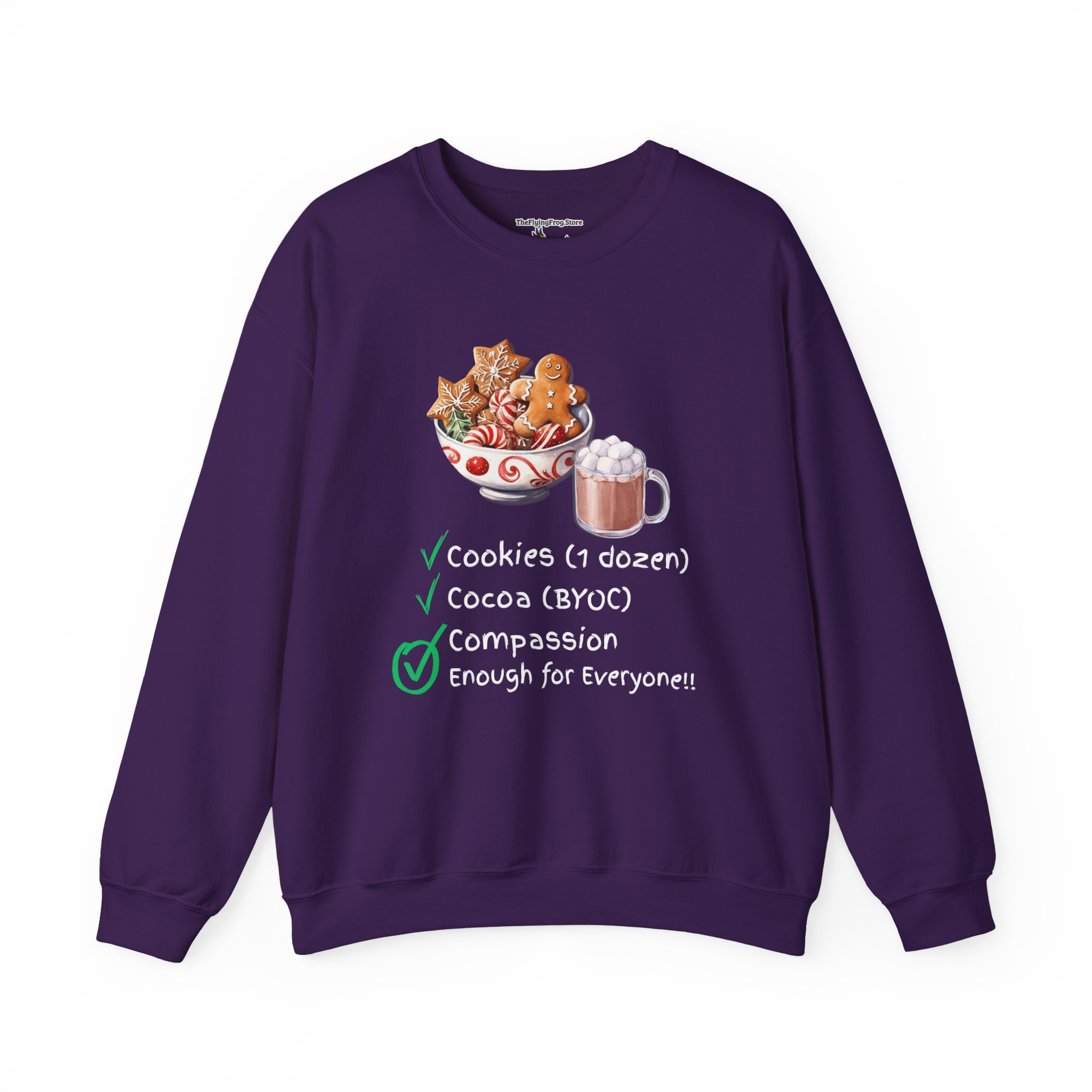 Cookies, Cocoa, Compassion Sweatshirt in Purple
