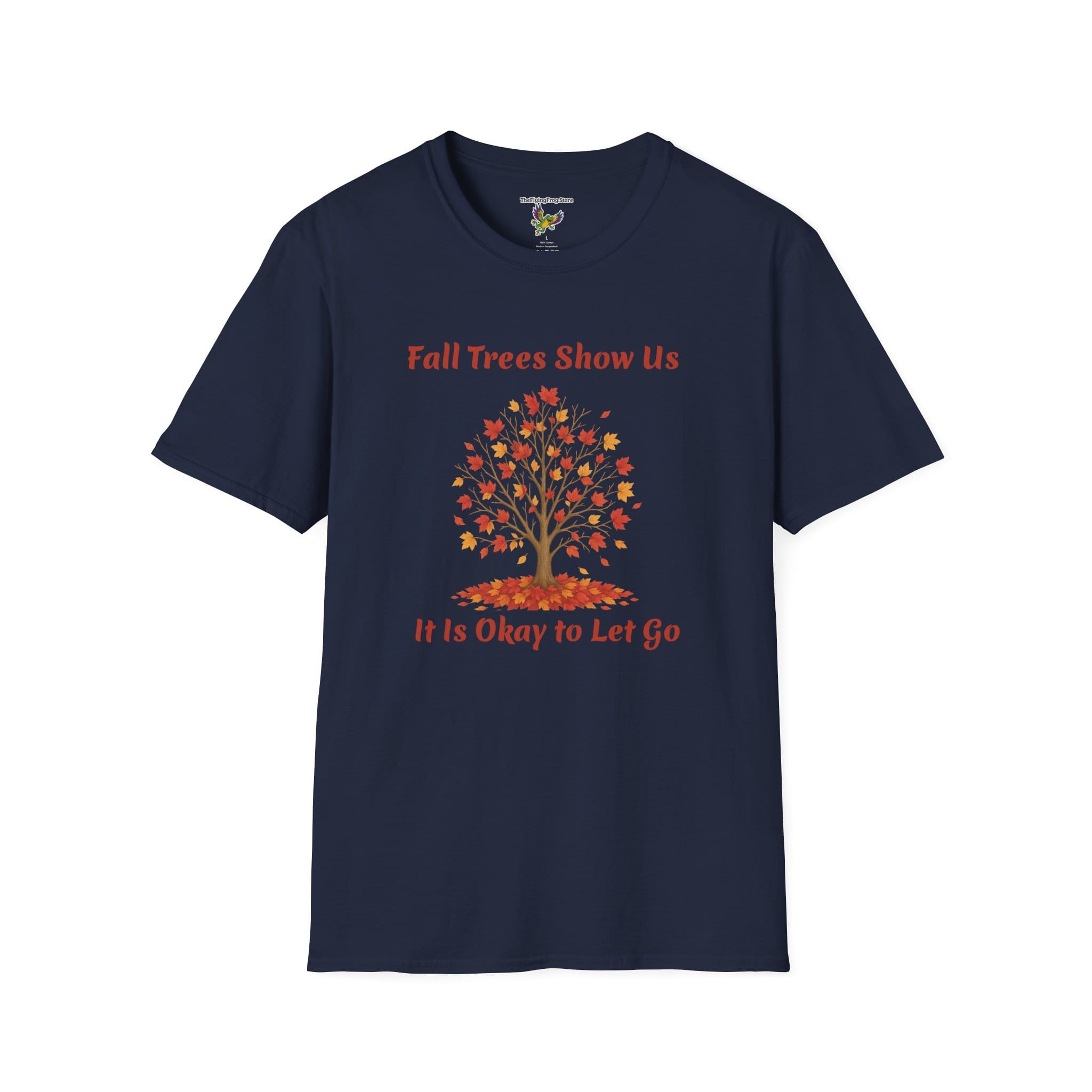 Fall Trees Show Us It is Okay to Let Go Short Sleeve T-shirt in Navy Blue, front view