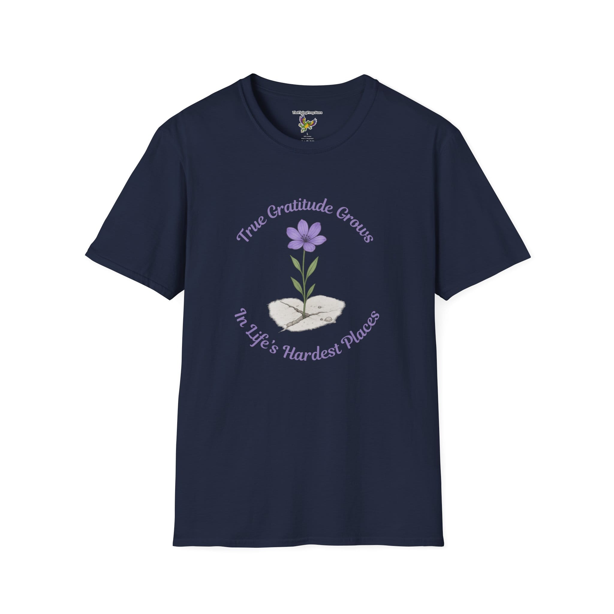 True Gratitude Grows...Hard Places Short Sleeve T-shirt in Navy Blue, front view