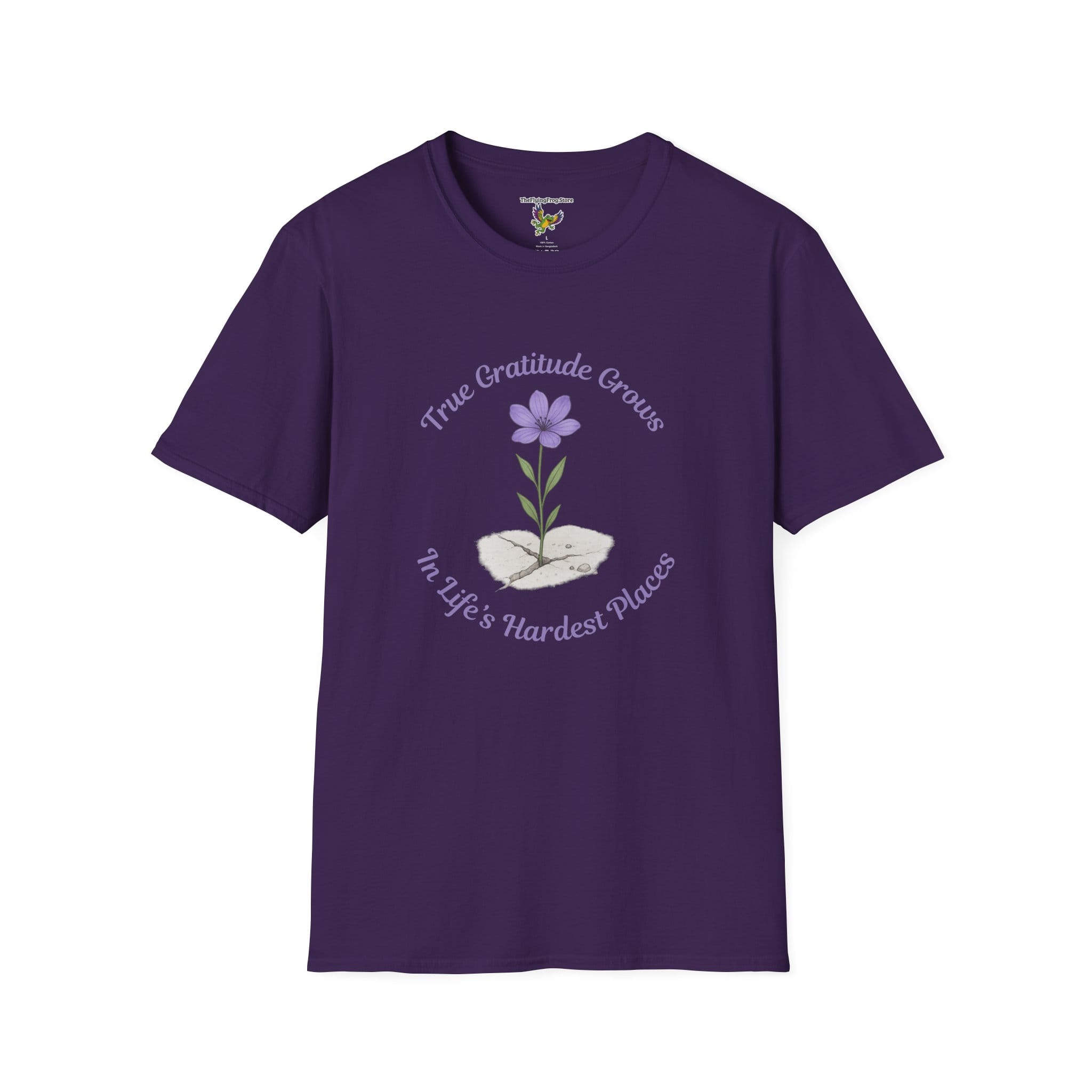 True Gratitude Grows...Hard Places Short Sleeve T-shirt in Purple, front view