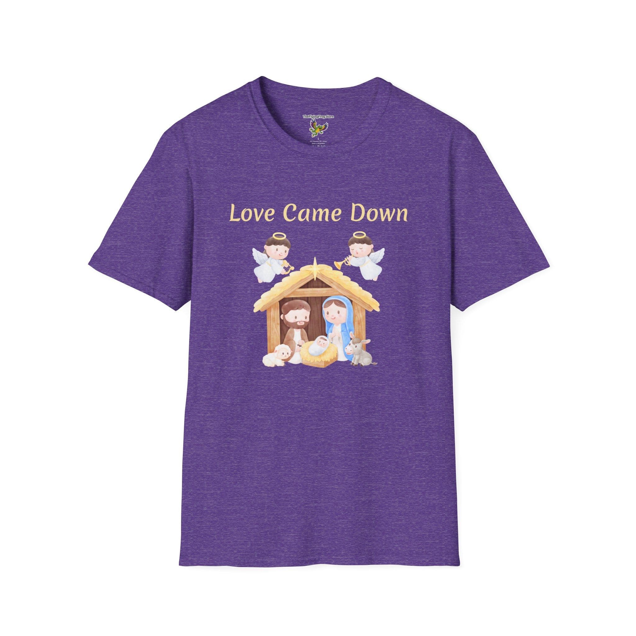 Love Came Down (Manger) Short Sleeve T-Shirt in Heather Purple, front view