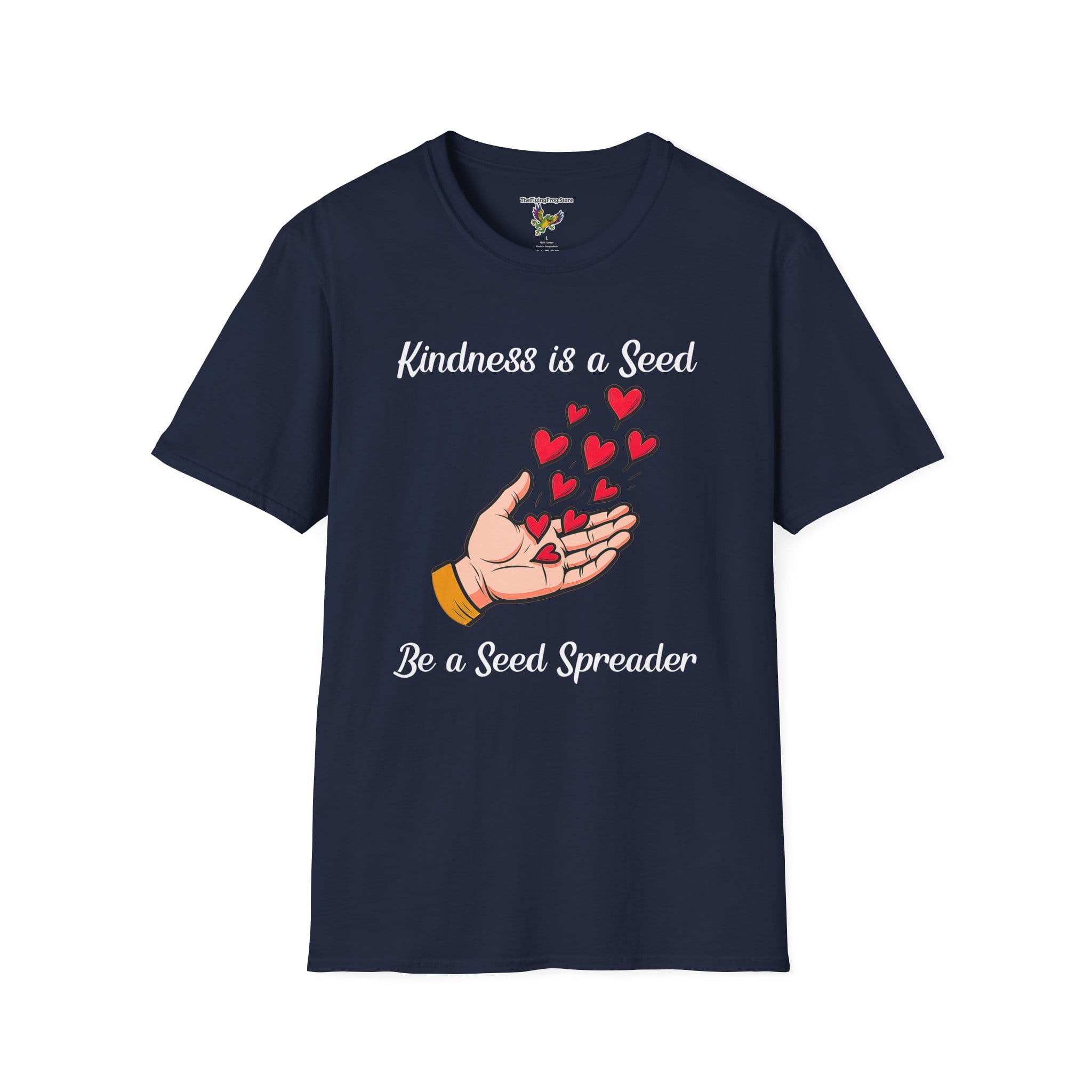 Kindness is a Seed - Be a Seed Spreader Short Sleeve T-Shirt in Navy Blue, front view