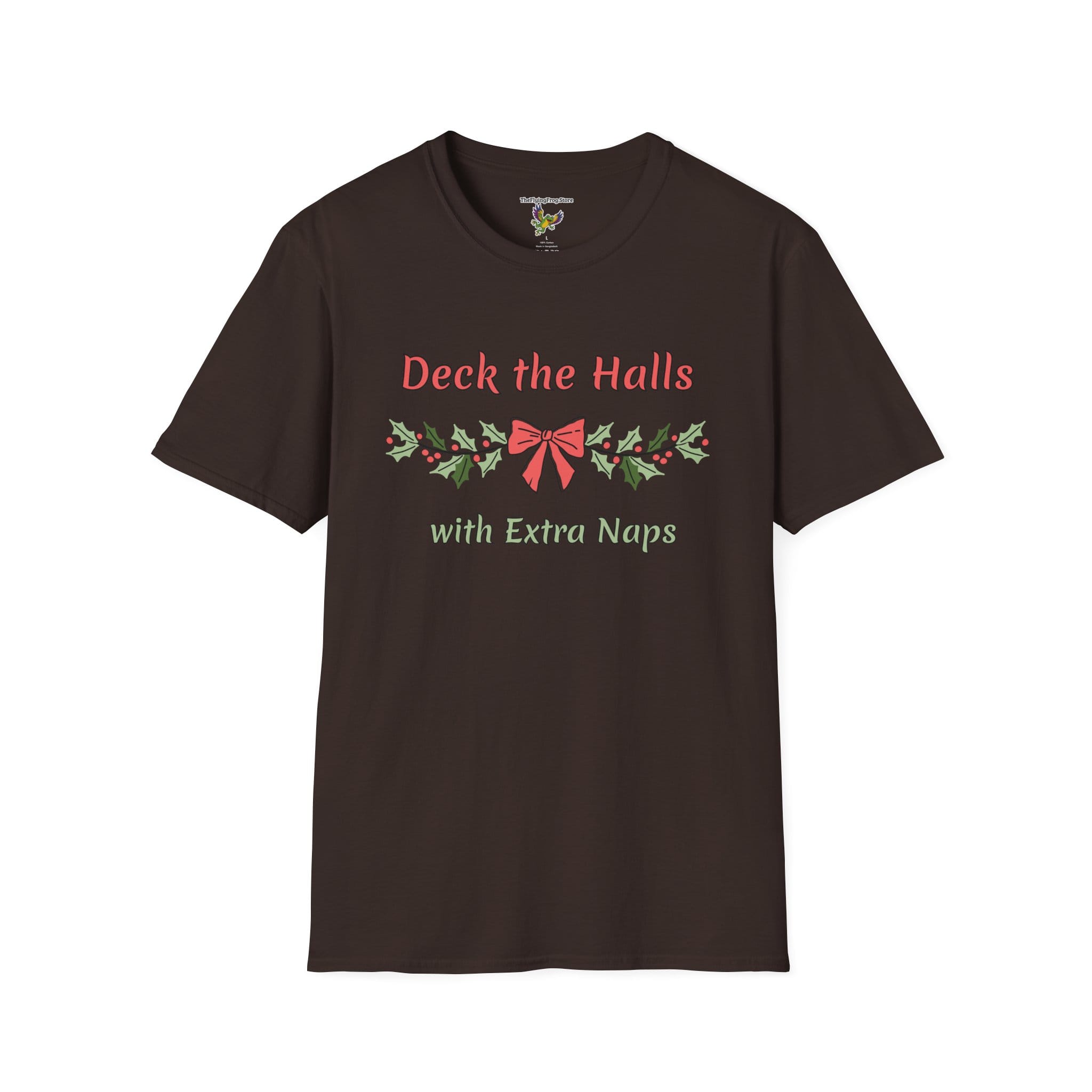 Deck the Halls with Extra Naps Short Sleeve T-shirt in Dark Chocolate, front view