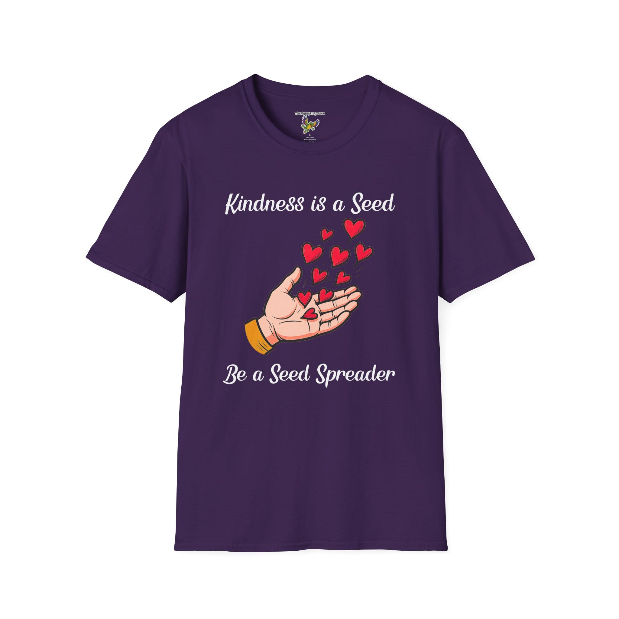 Kindness is a Seed - Be a Seed Spreader Short Sleeve T-Shirt in Purple, front view