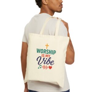 Worship Is My Vibe Canvas Tote in Natural held by male model
