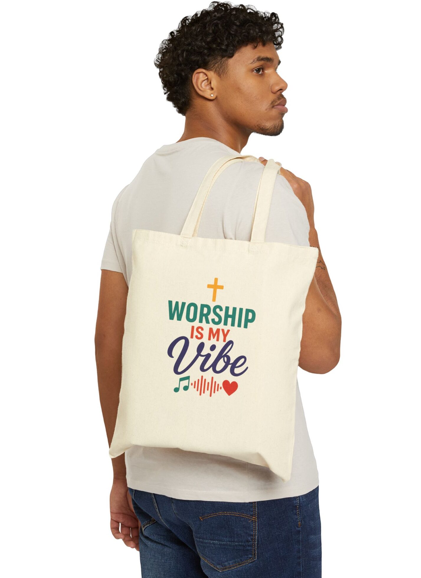 Worship Is My Vibe Canvas Tote in Natural held by male model