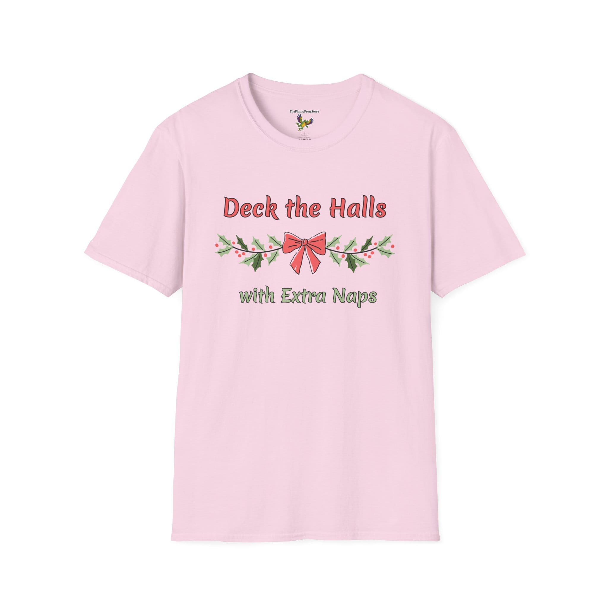 Deck the Halls with Extra Naps Short Sleeve T-shirt in Light Pink, front view