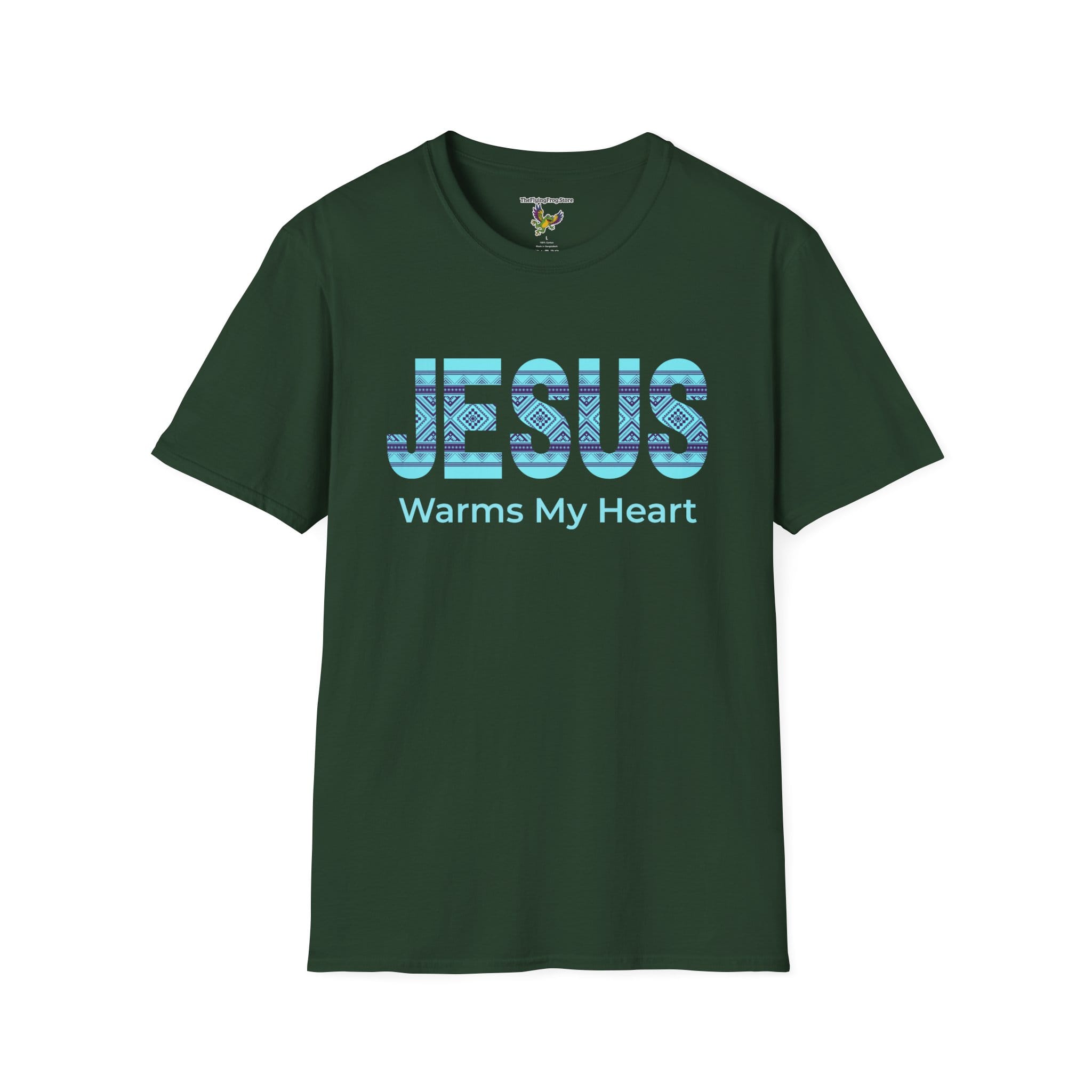 Jesus Warms My Heart Short Sleeve T-shirt in Forest Green, front view
