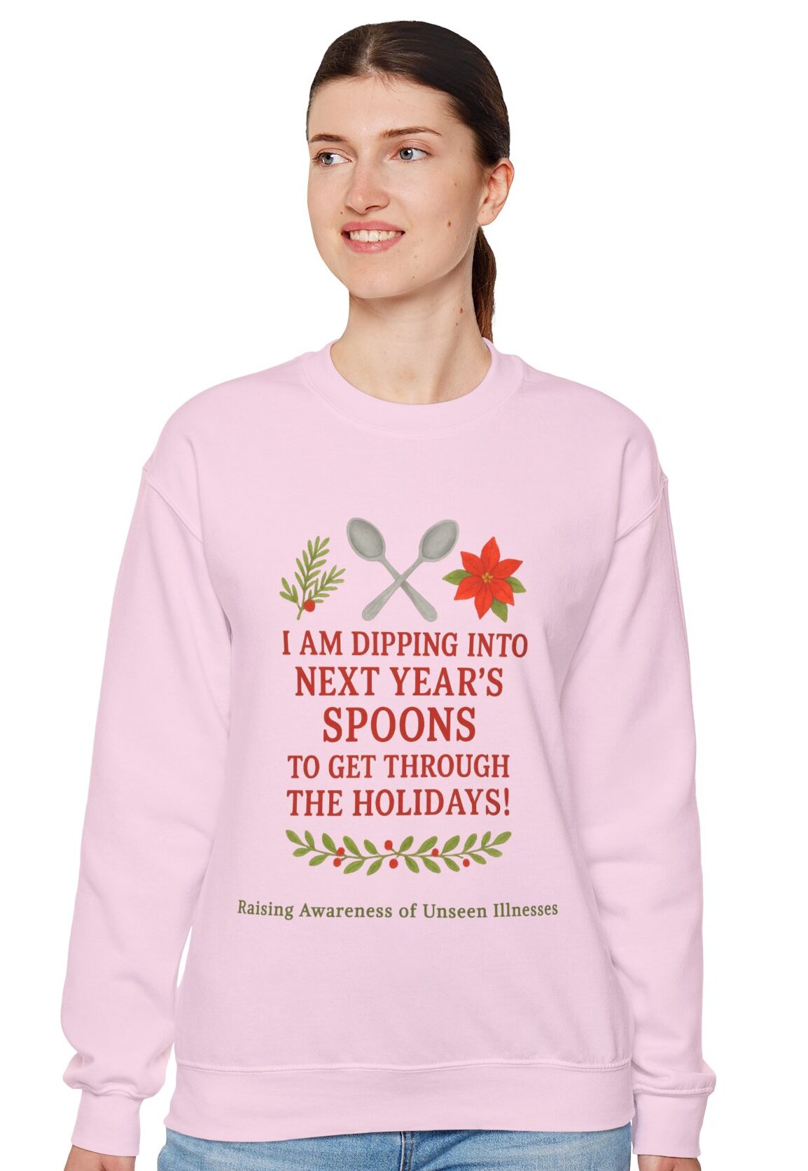 Dipping Into Next Year's Spoons Holiday Sweatshirt in Light Pink on female model