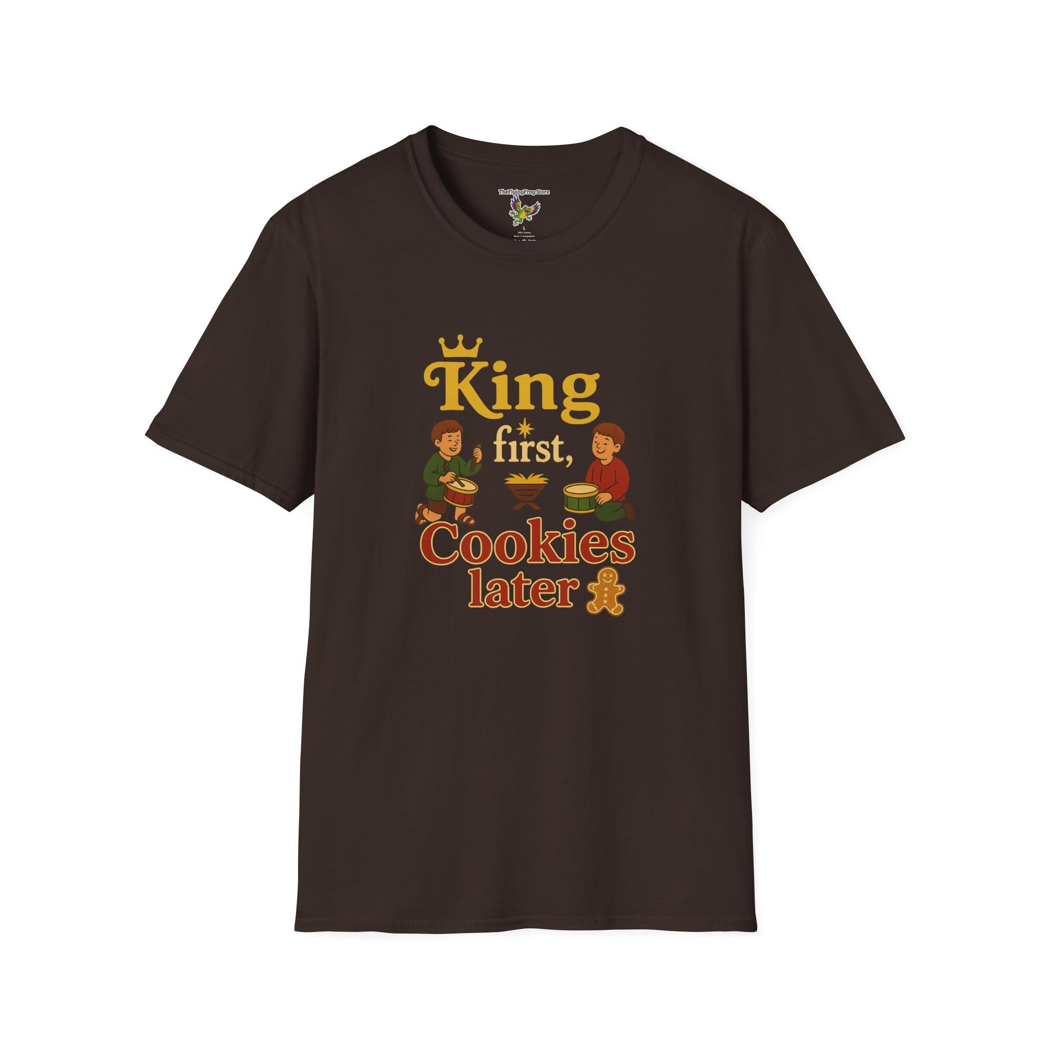 King First, Cookies Later Short Sleeve T-Shirt in Dark Chocolate, front view