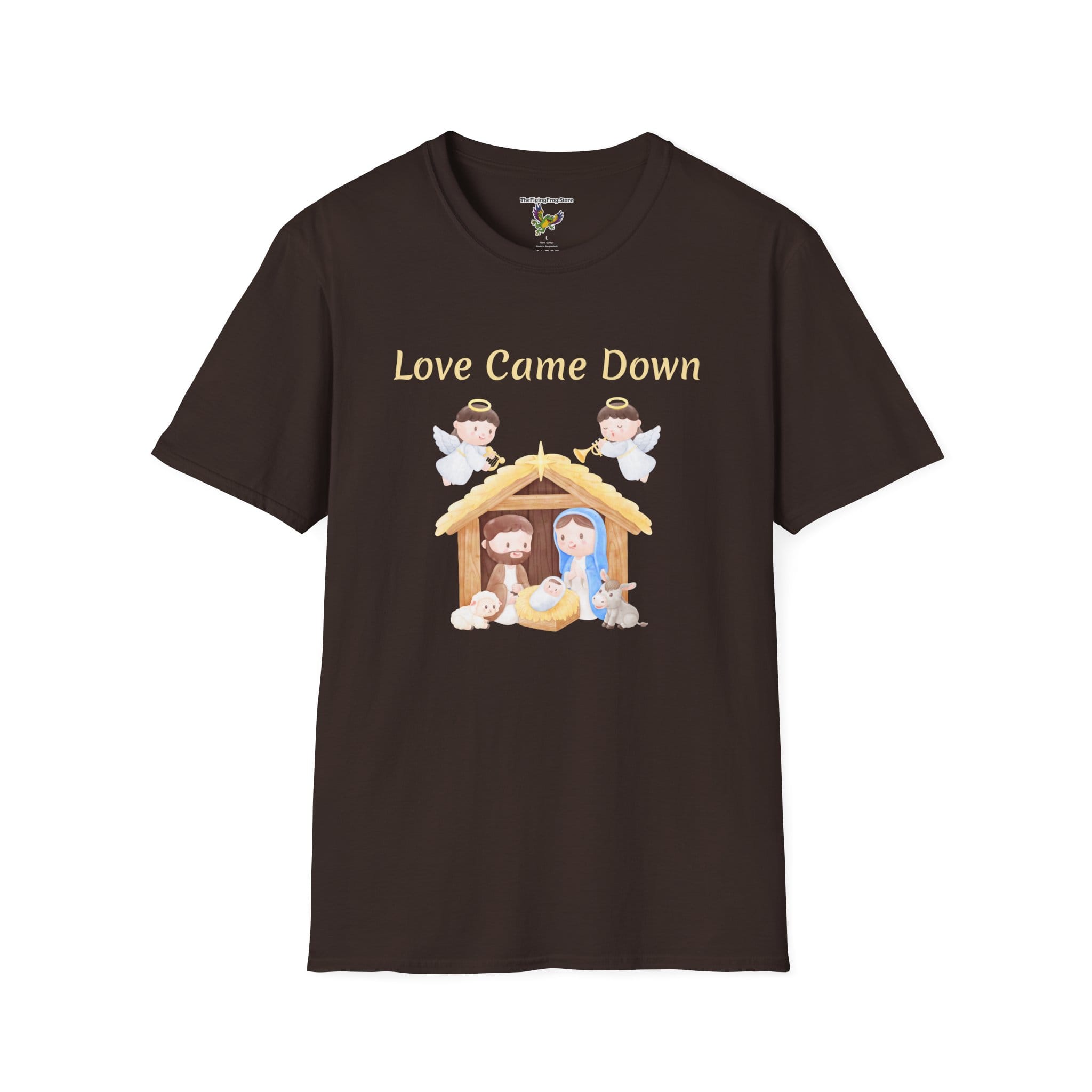 Love Came Down (Manger) Short Sleeve T-Shirt in Dark Chocolate, front view