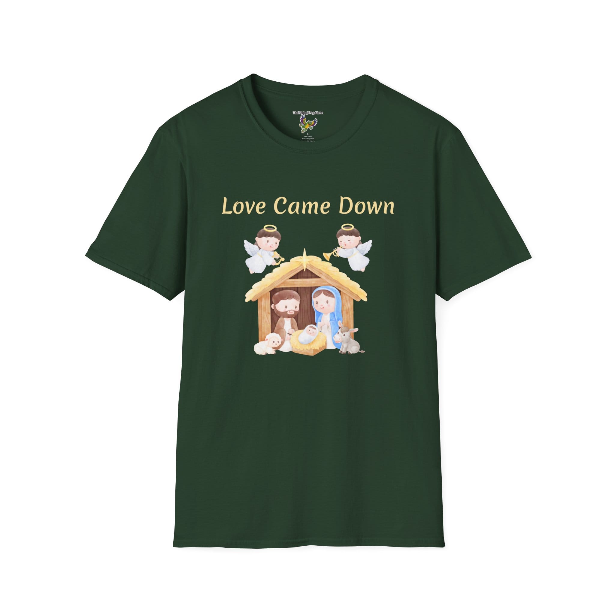 Love Came Down (Manger) Short Sleeve T-Shirt in Forest Green, front view