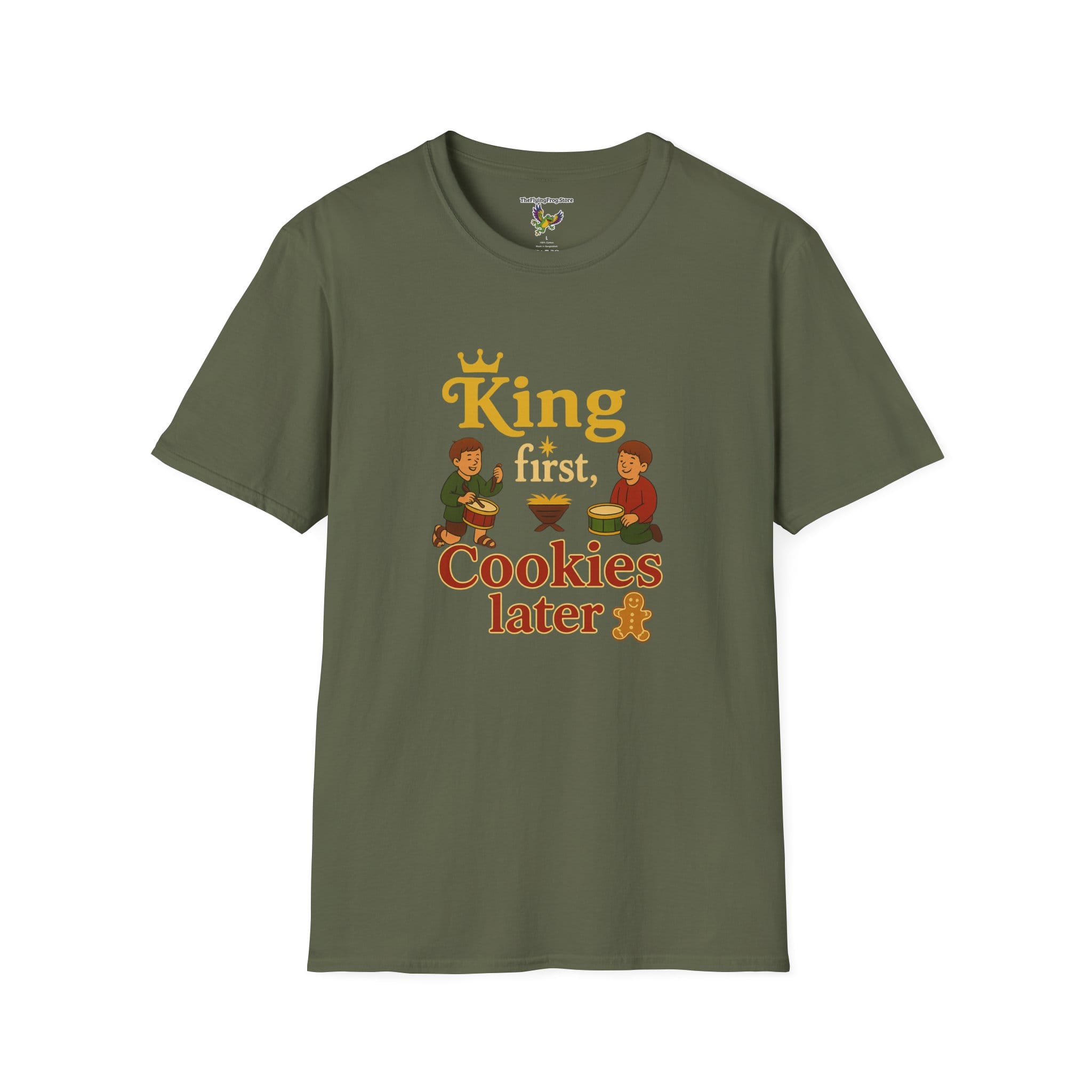 King First, Cookies Later Short Sleeve T-Shirt in Military green, front view