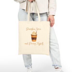 Pumpkin Spice and Pacing Myself Canvas Tote in Natural held by model