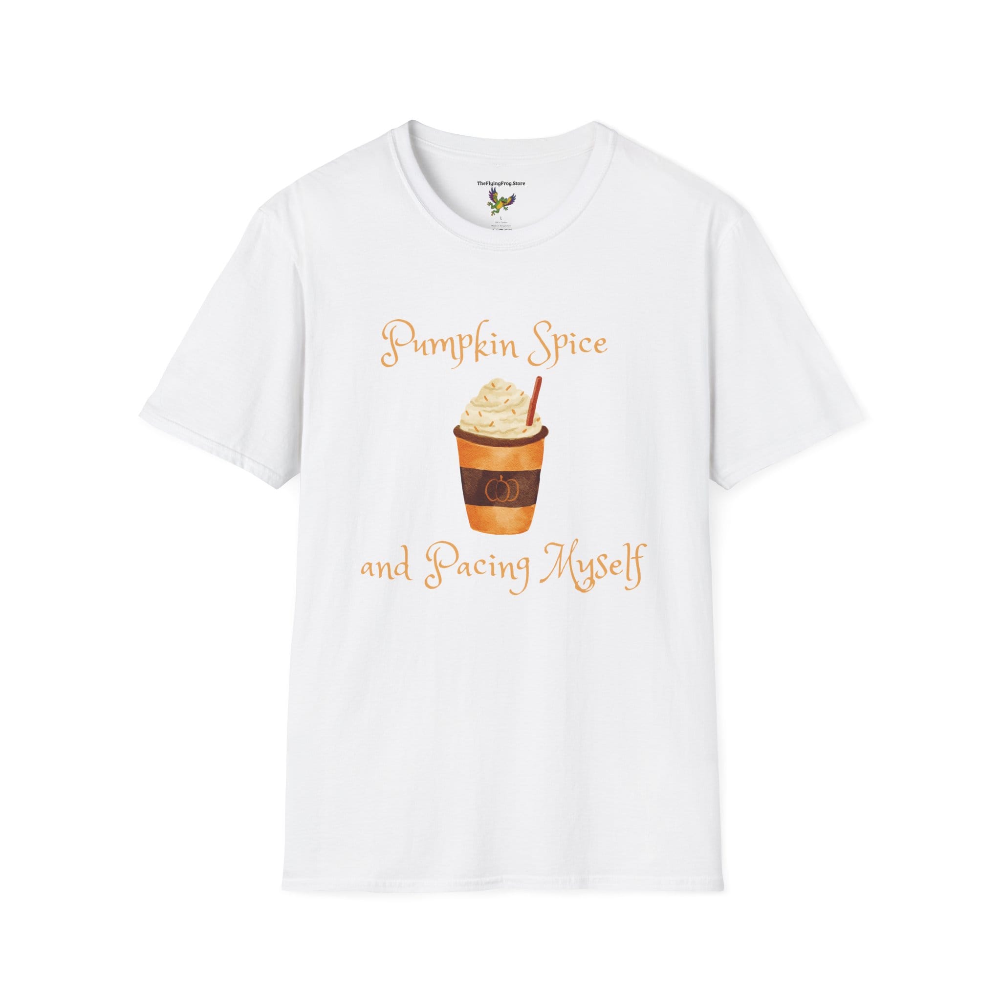 Pumpkin Spice and Pacing Myself Short Sleeve T-shirt in White, front view