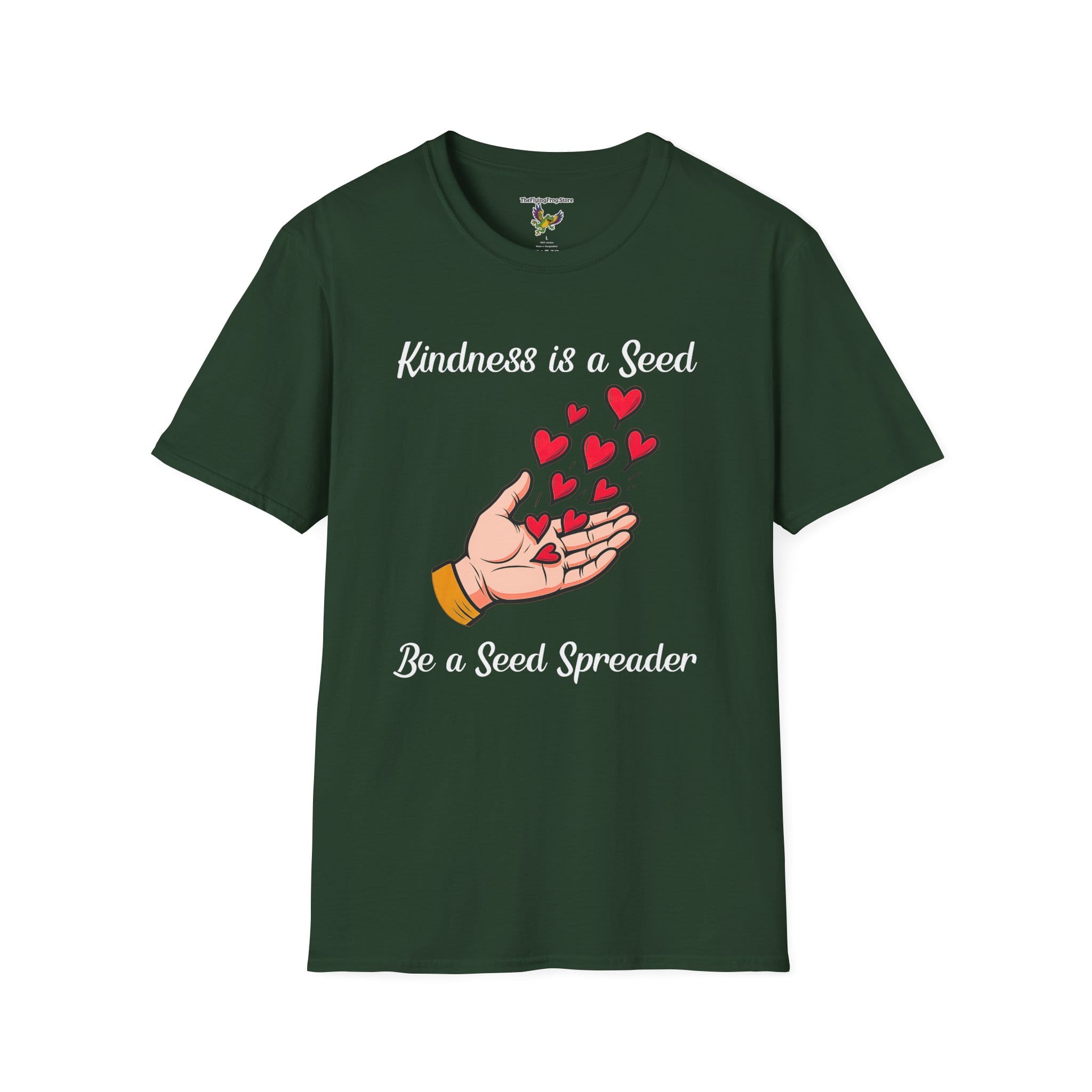Kindness is a Seed - Be a Seed Spreader Short Sleeve T-Shirt in Forest Green, front view