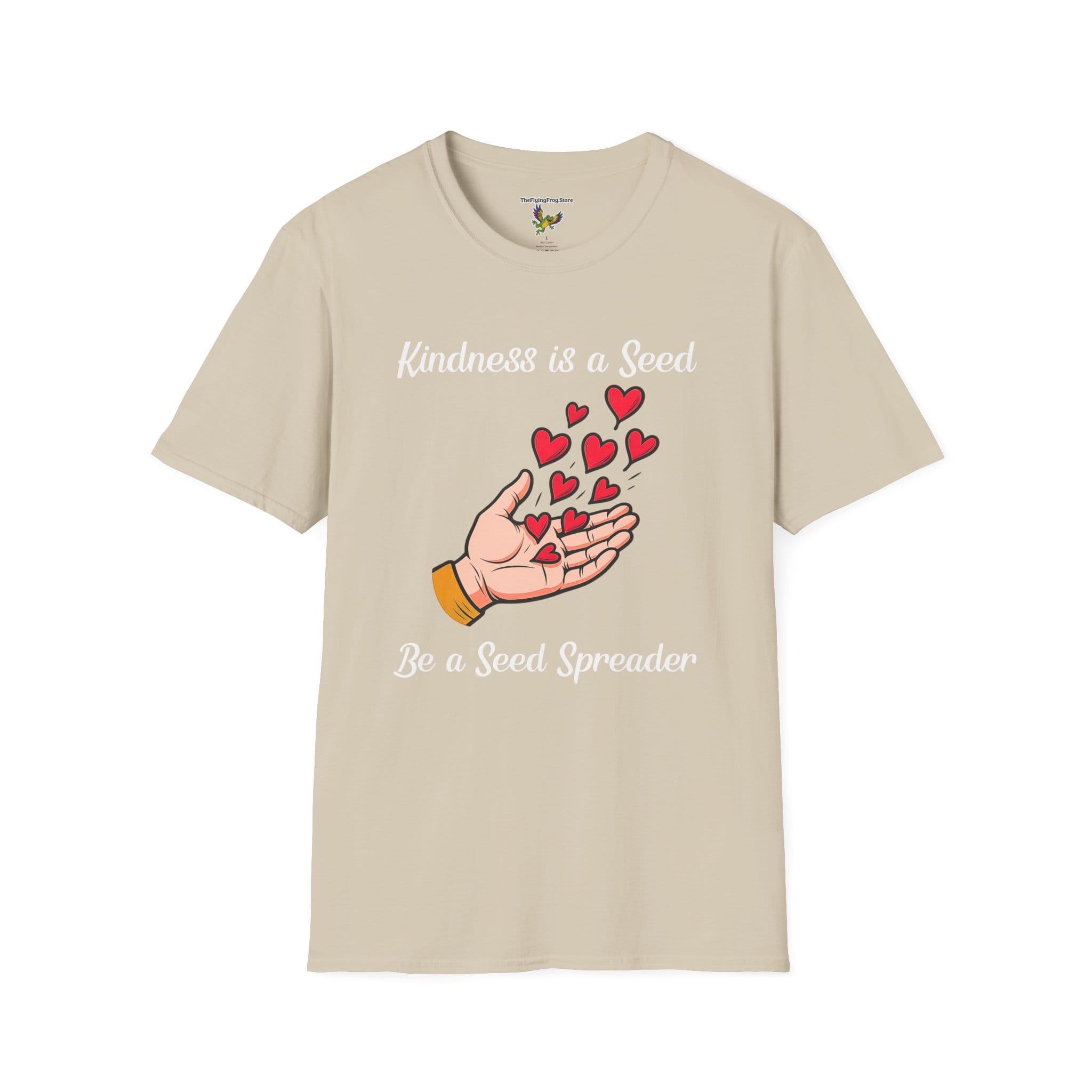 Kindness is a Seed - Be a Seed Spreader Short Sleeve T-Shirt in Sand, front view