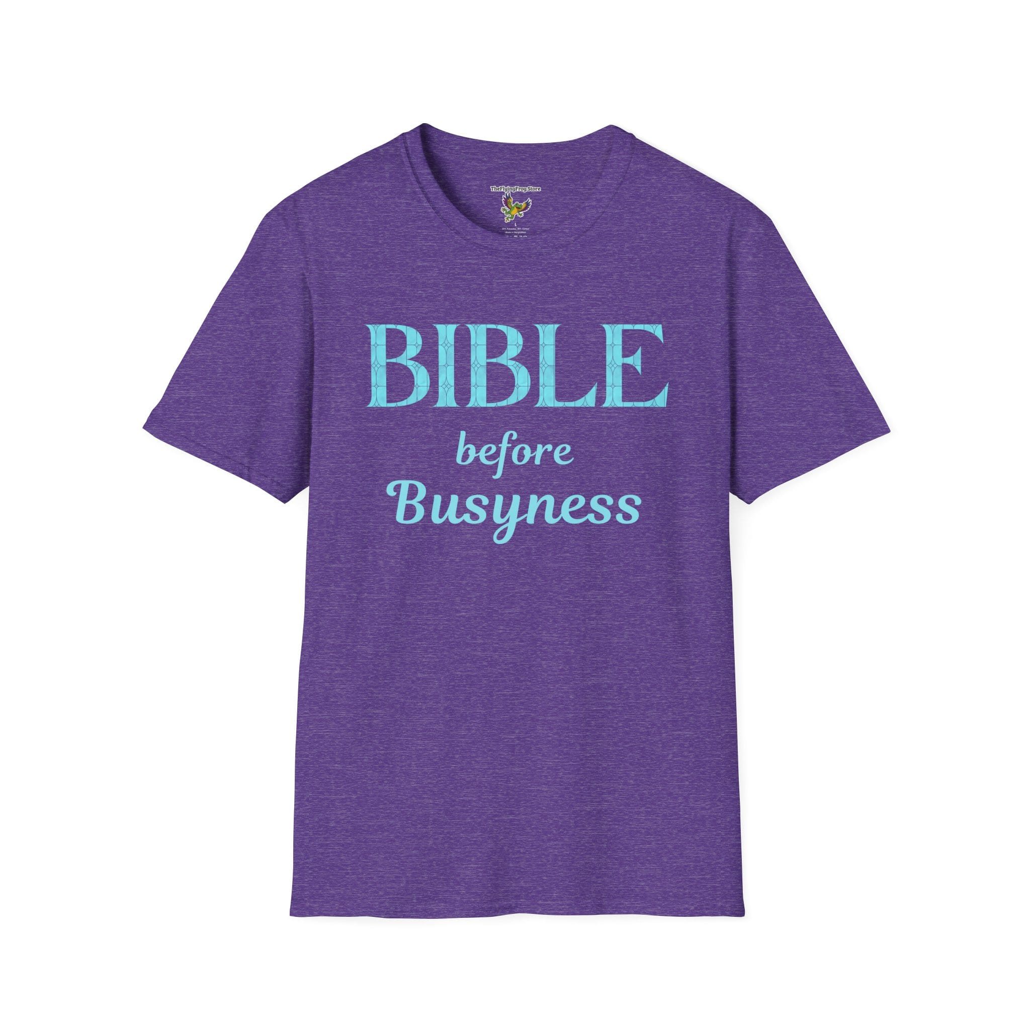 Bible before Busyness Short Sleeve T-Shirt in Heather Purple, front view
