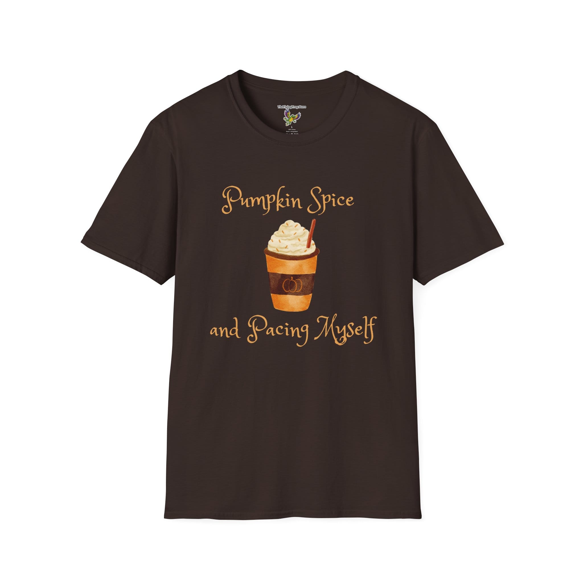 Pumpkin Spice and Pacing Myself Short Sleeve T-shirt in Dark Chocolate, front view
