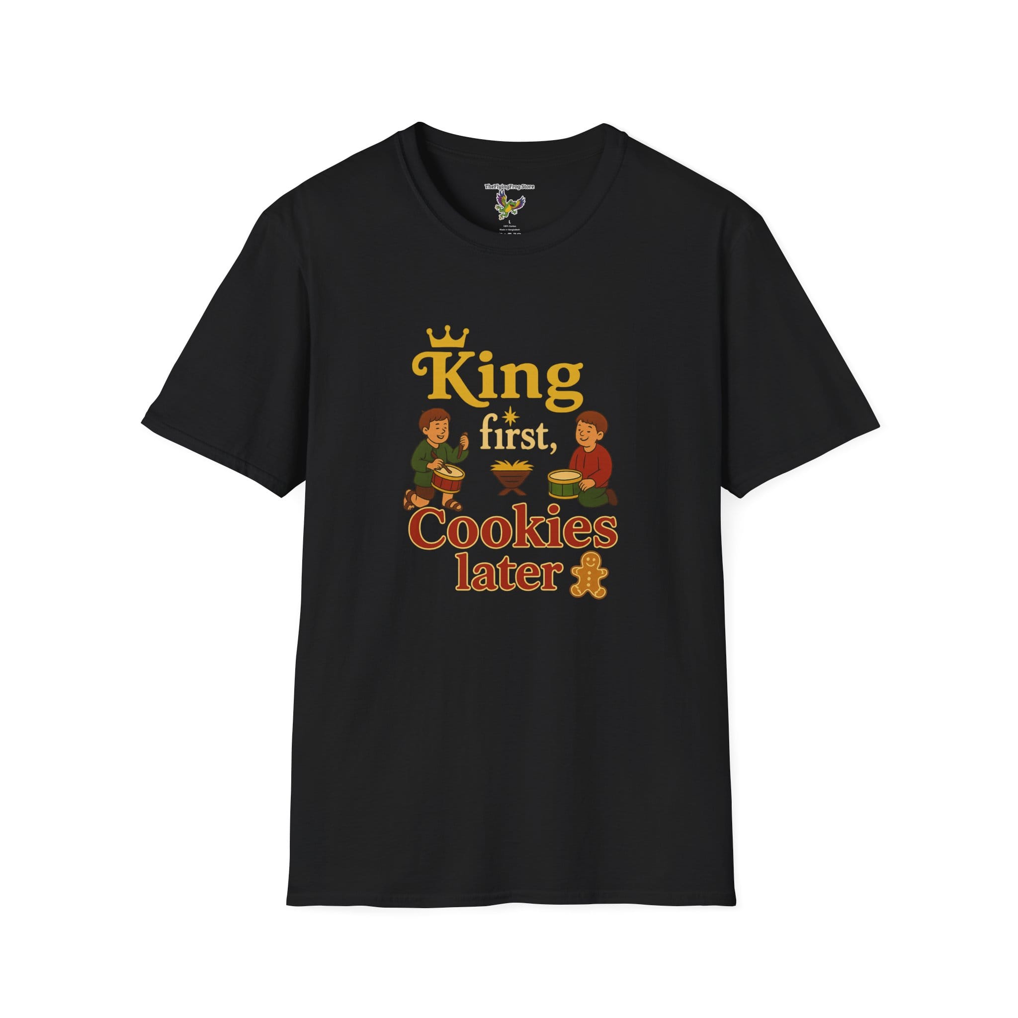 King First, Cookies Later Short Sleeve T-Shirt in Black, front view