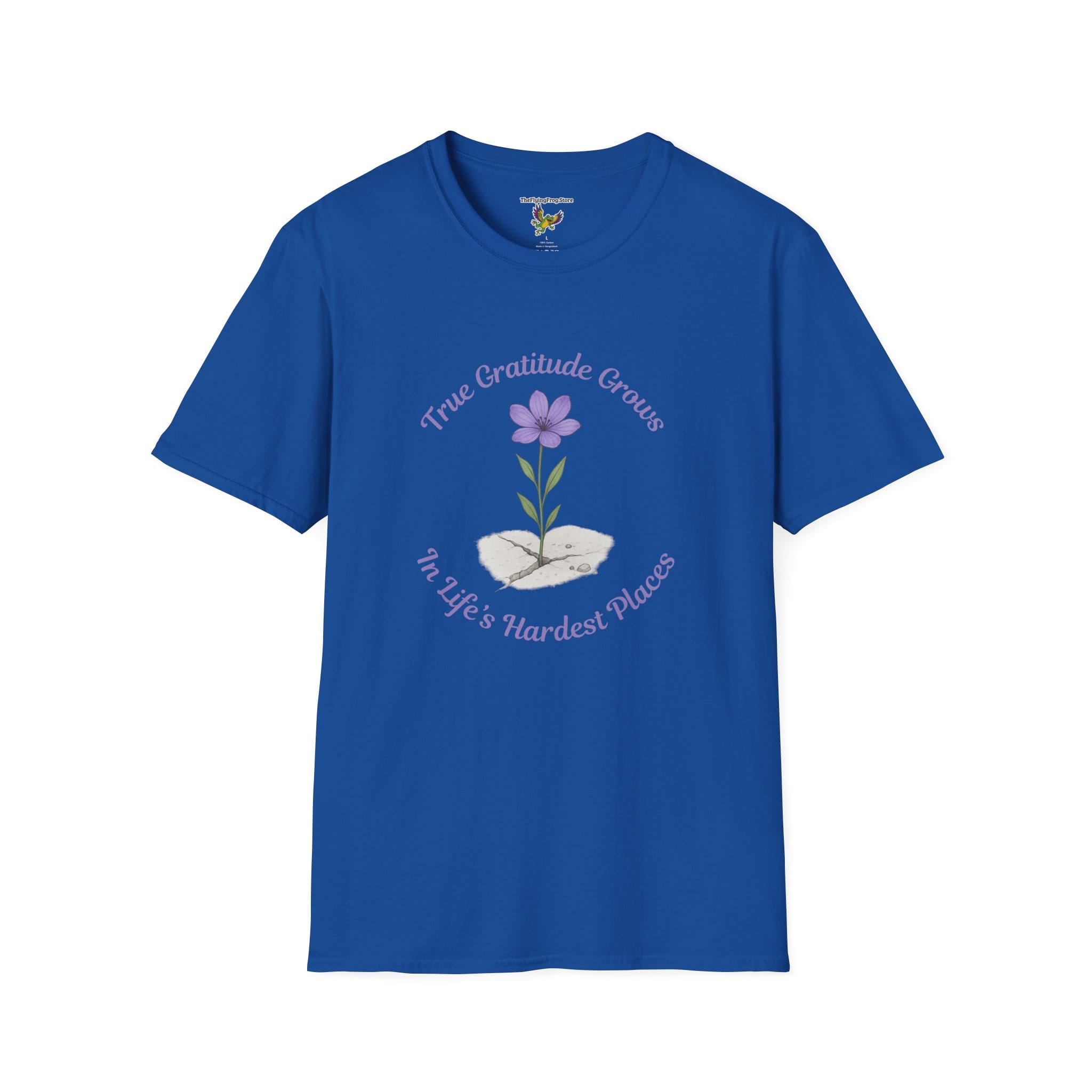 True Gratitude Grows...Hard Places Short Sleeve T-shirt in Royal Blue, front view