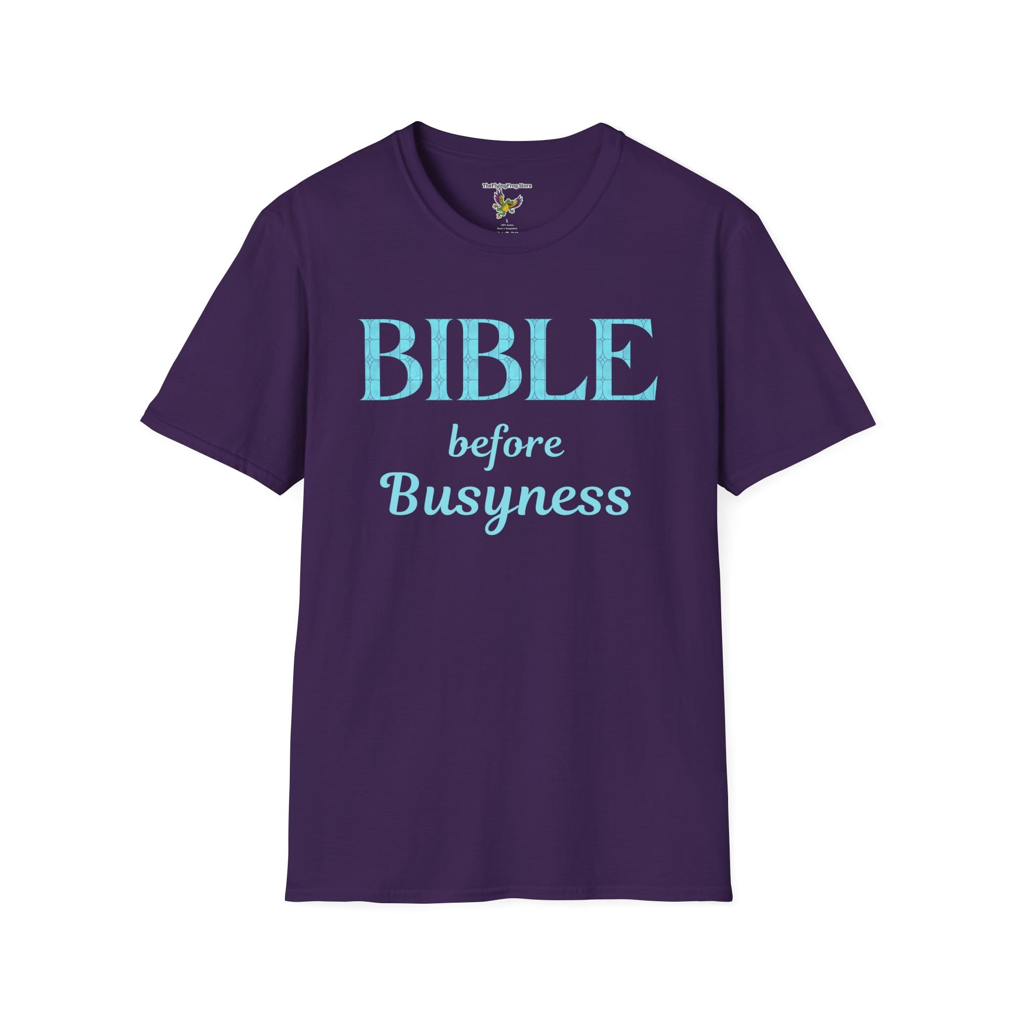 Bible before Busyness Short Sleeve T-Shirt in Purple, front view