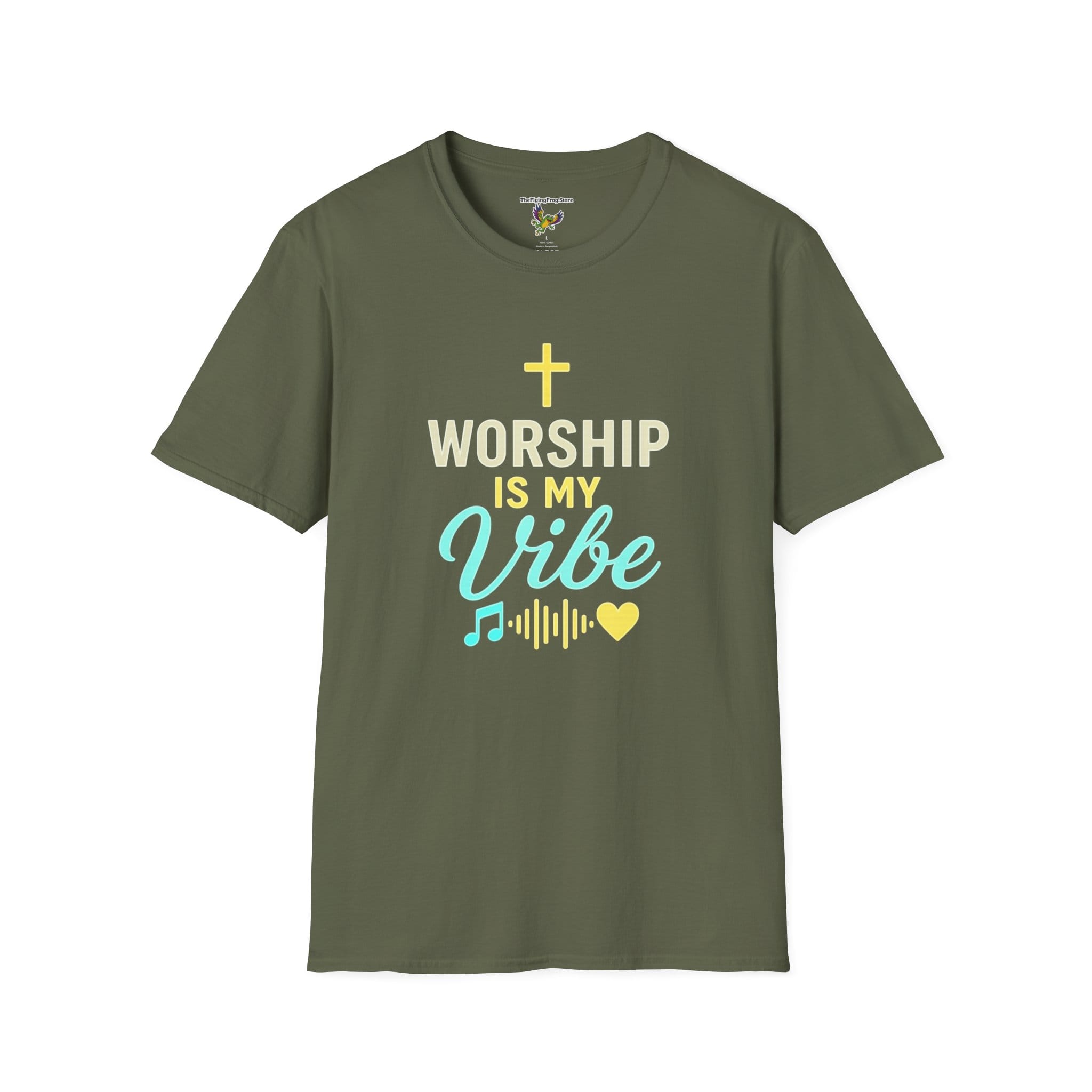 Worship Is My Vibe Short Sleeve T-shirt in Military Green, front view