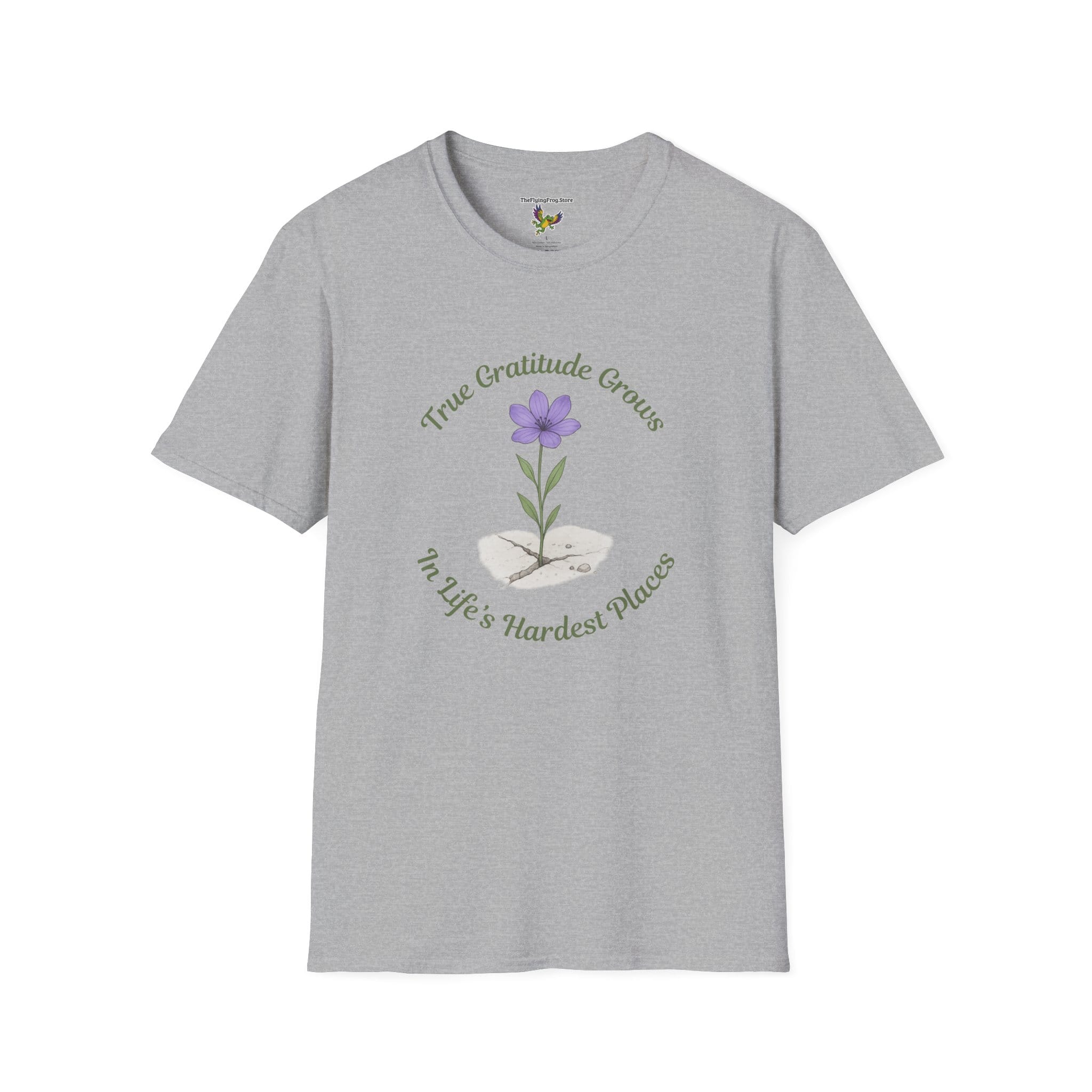 True Gratitude Grows...Hard Places Short Sleeve T-shirt in Sport Gray, front view