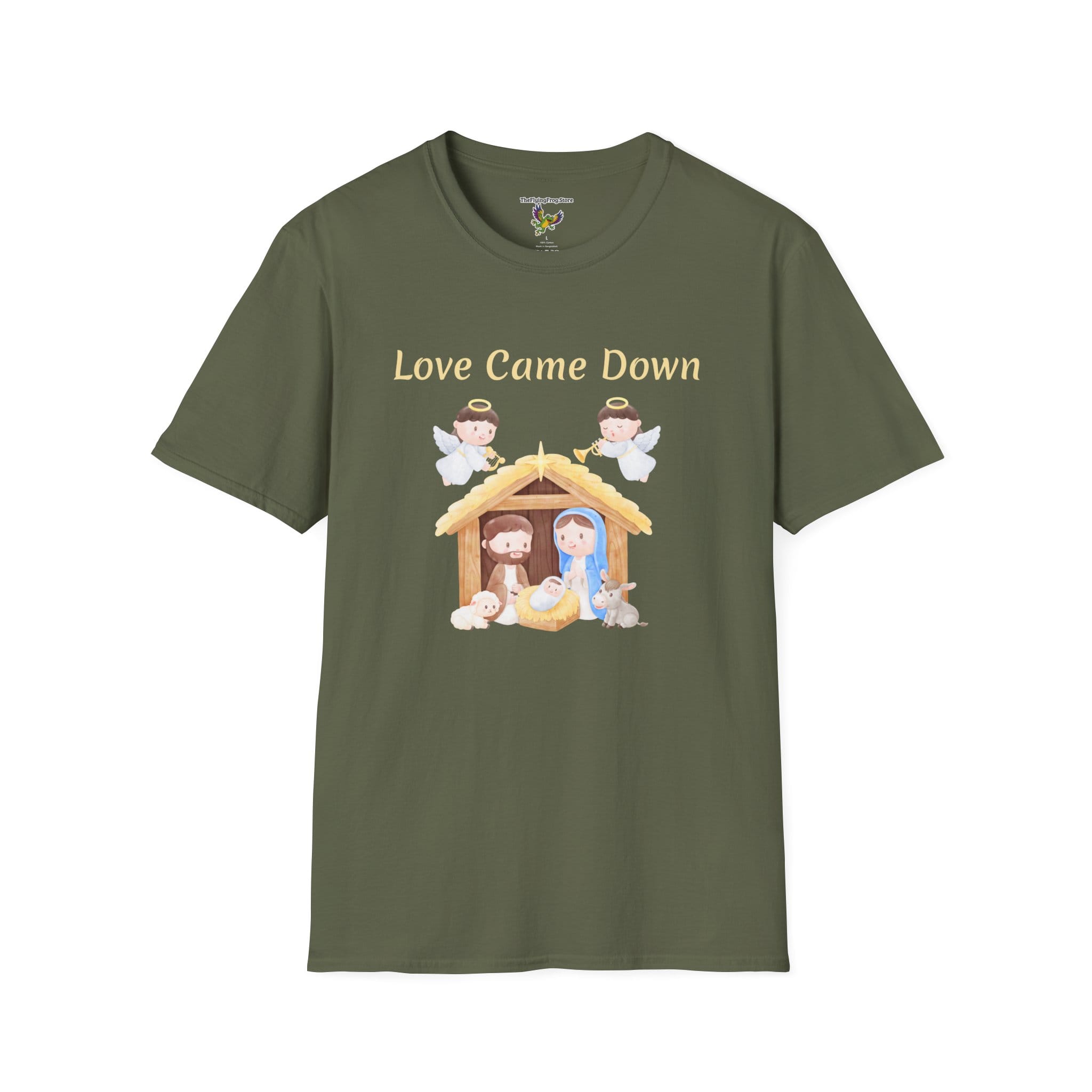 Love Came Down (Manger) Short Sleeve T-Shirt in Military Green, front view