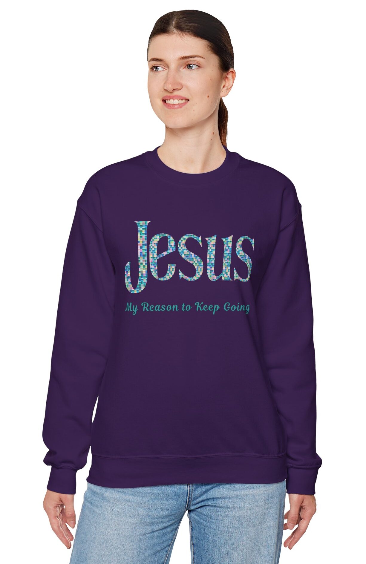 Jesus - My Reason to Keep Going Sweatshirt in Purple on female model