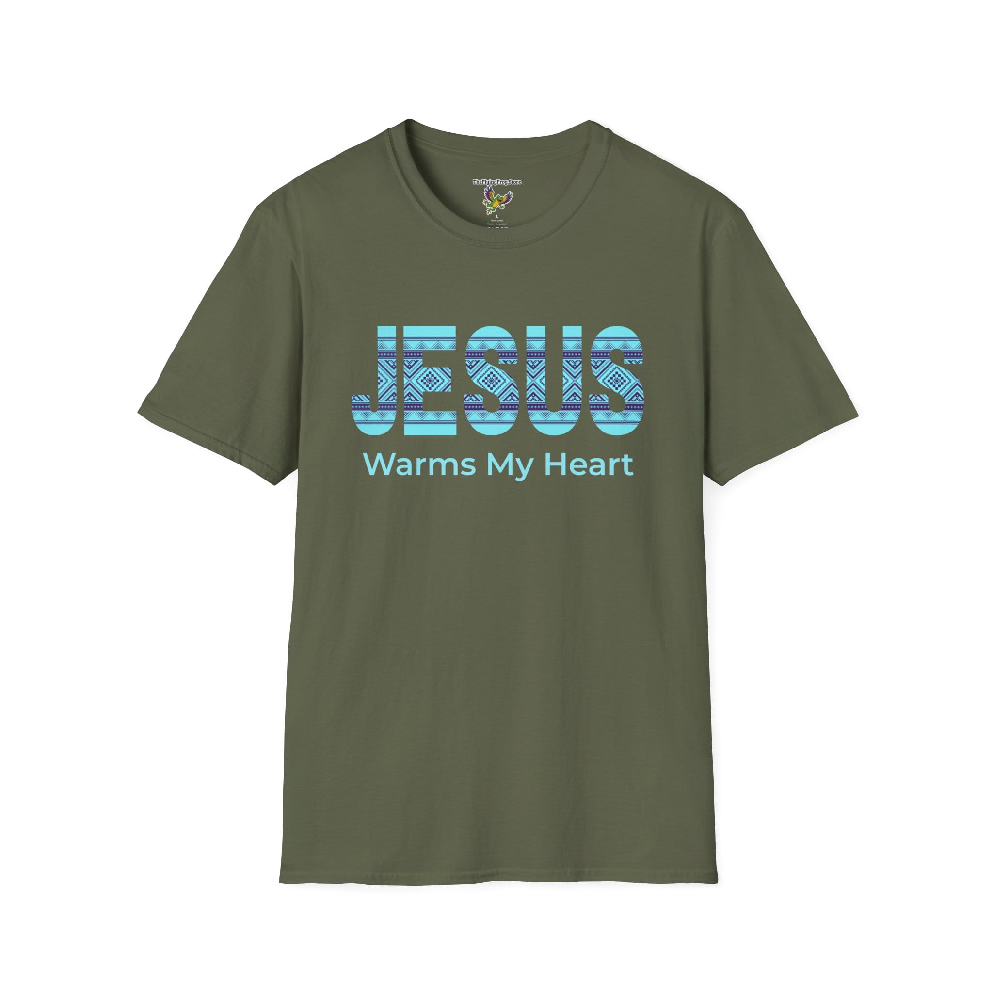 Jesus Warms My Heart Short Sleeve T-shirt in Military Green, front view