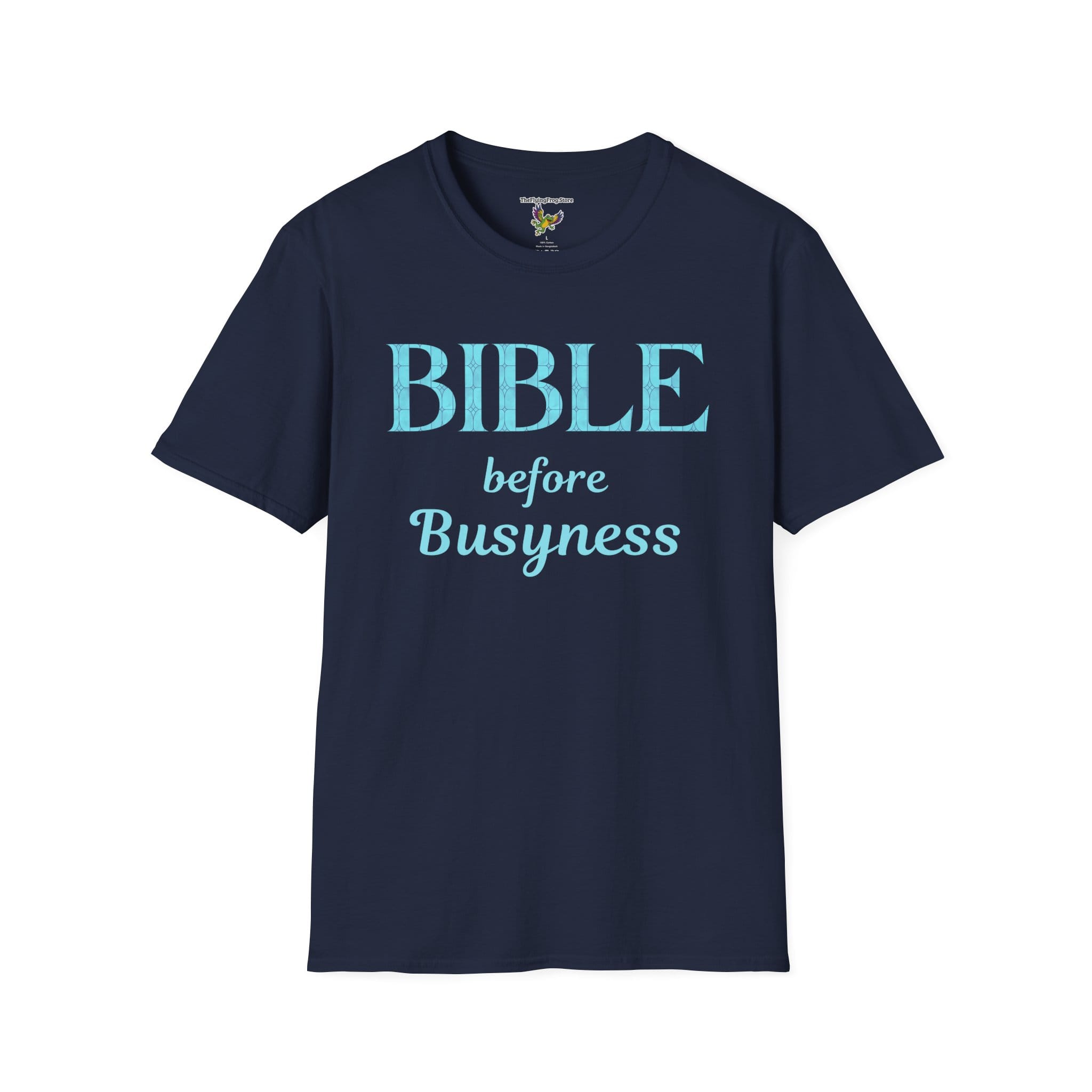 Bible before Busyness Short Sleeve T-Shirt in Navy Blue, front view