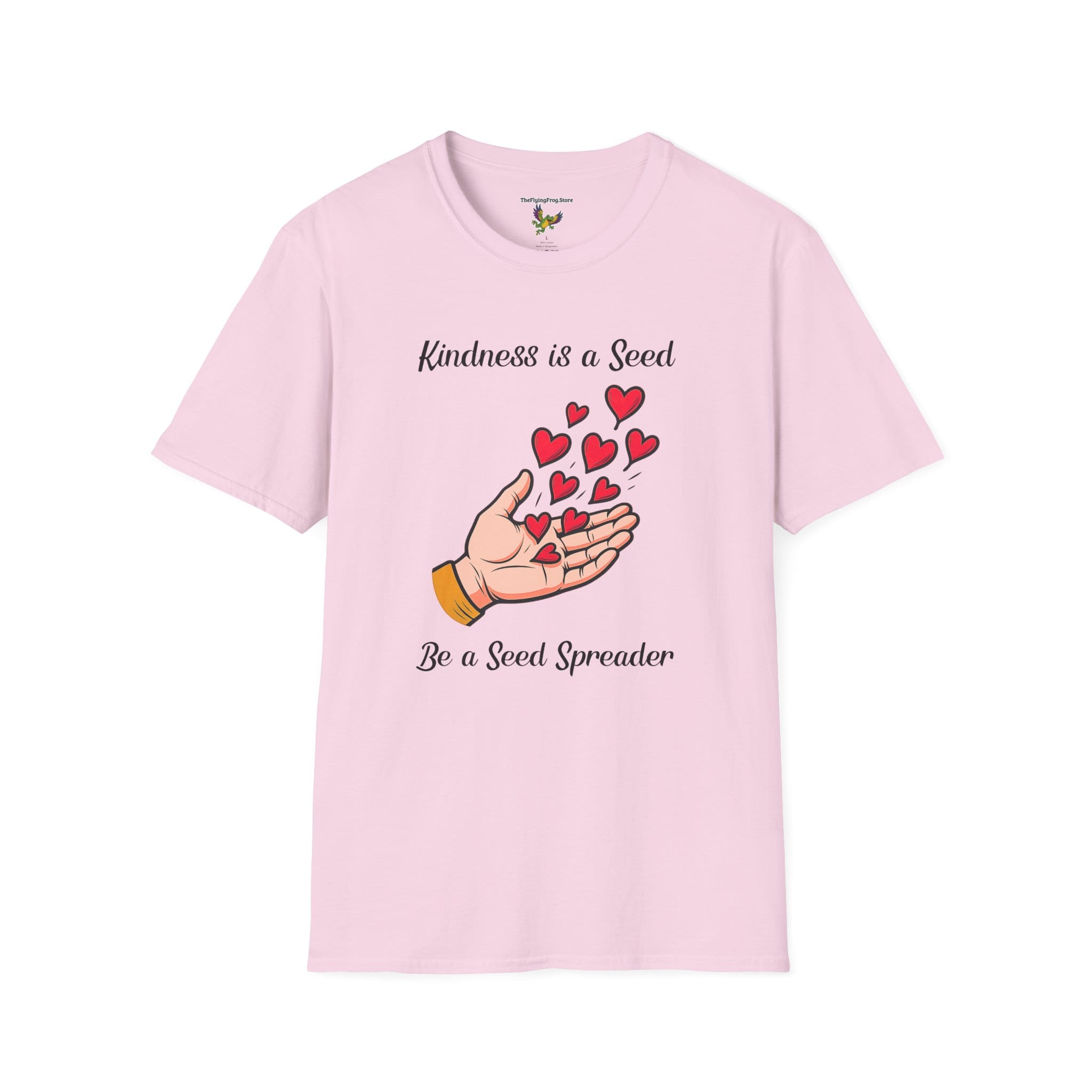 Kindness is a Seed - Be a Seed Spreader Short Sleeve T-Shirt in Light Pink, front view