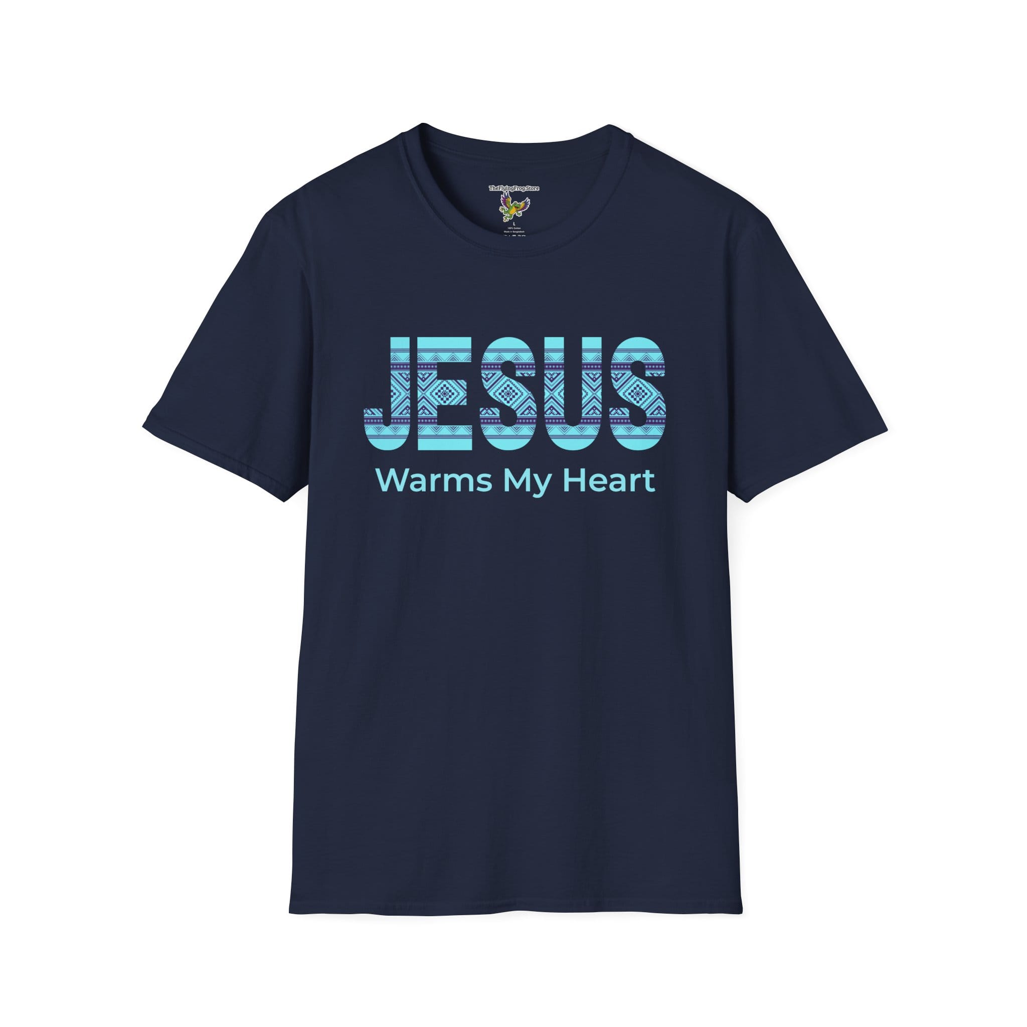 Jesus Warms My Heart Short Sleeve T-shirt in Navy blue, front view