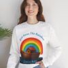 God Owns The Rainbow Noah's Ark Sweatshirt in White on female model