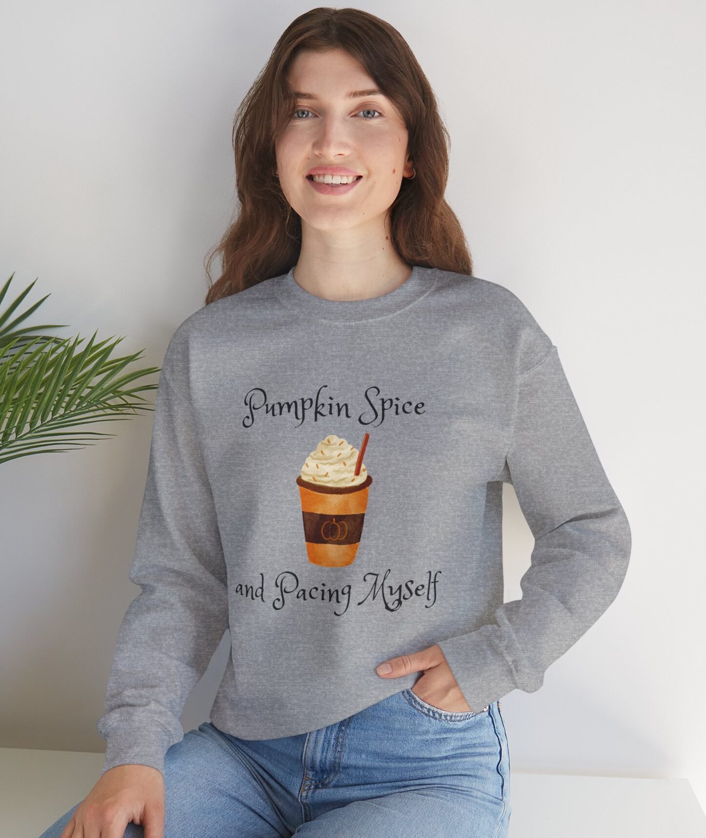 Pumpkin Spice and Pacing Myself Sweatshirt in Sport Gray on female model