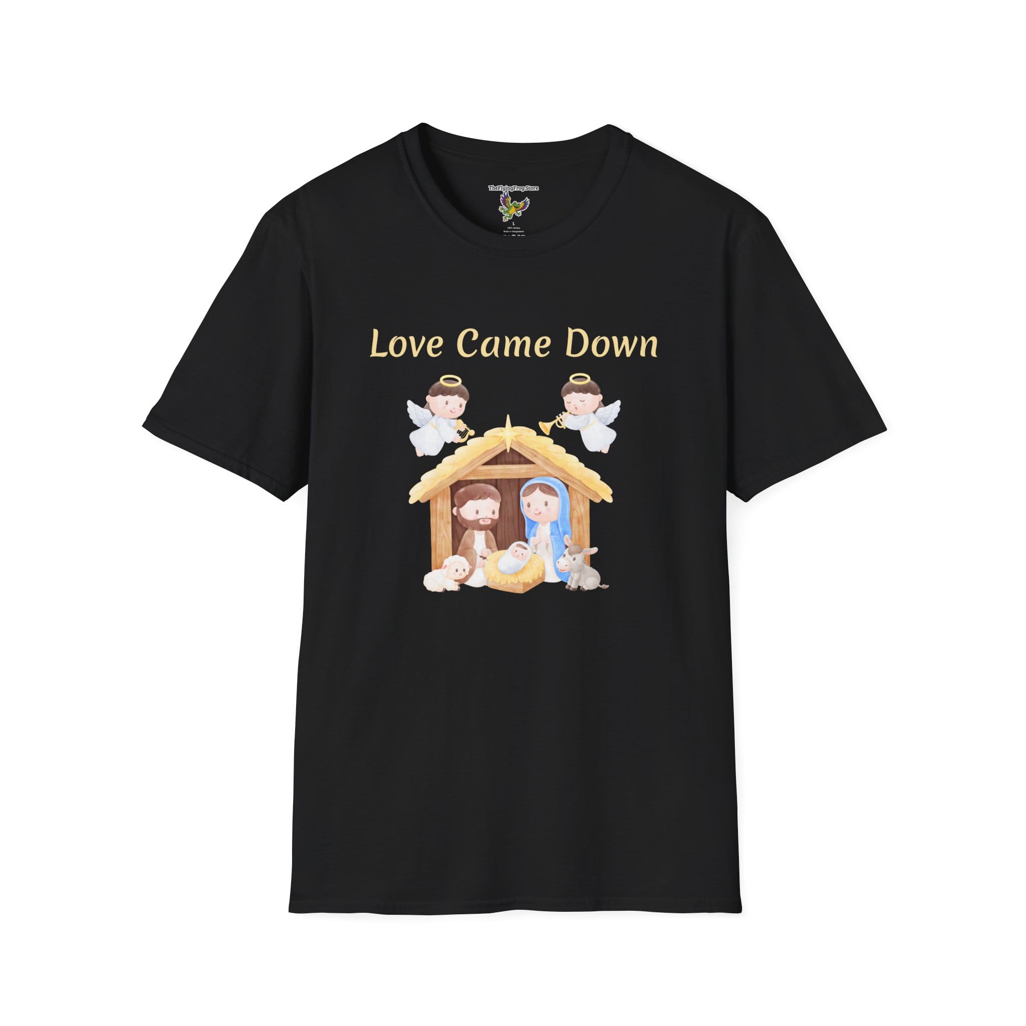 Love Came Down (Manger) Short Sleeve T-Shirt in Black, front view