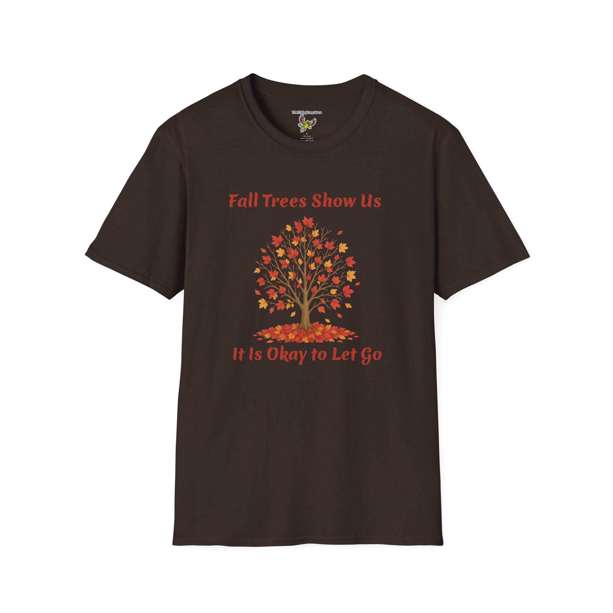 Fall Trees Show Us It is Okay to Let Go Short Sleeve T-shirt in Dark Chocolate, front view