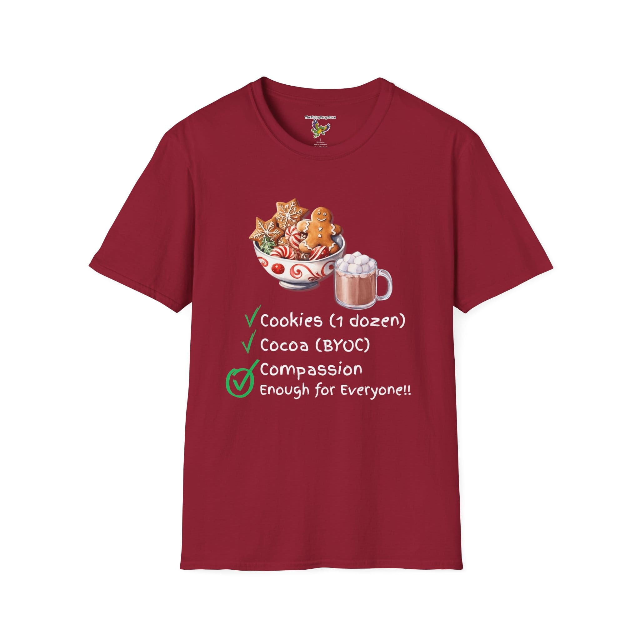 Cookies Cocoa Compassion Short Sleeve T-Shirt, Cardinal Red, front view
