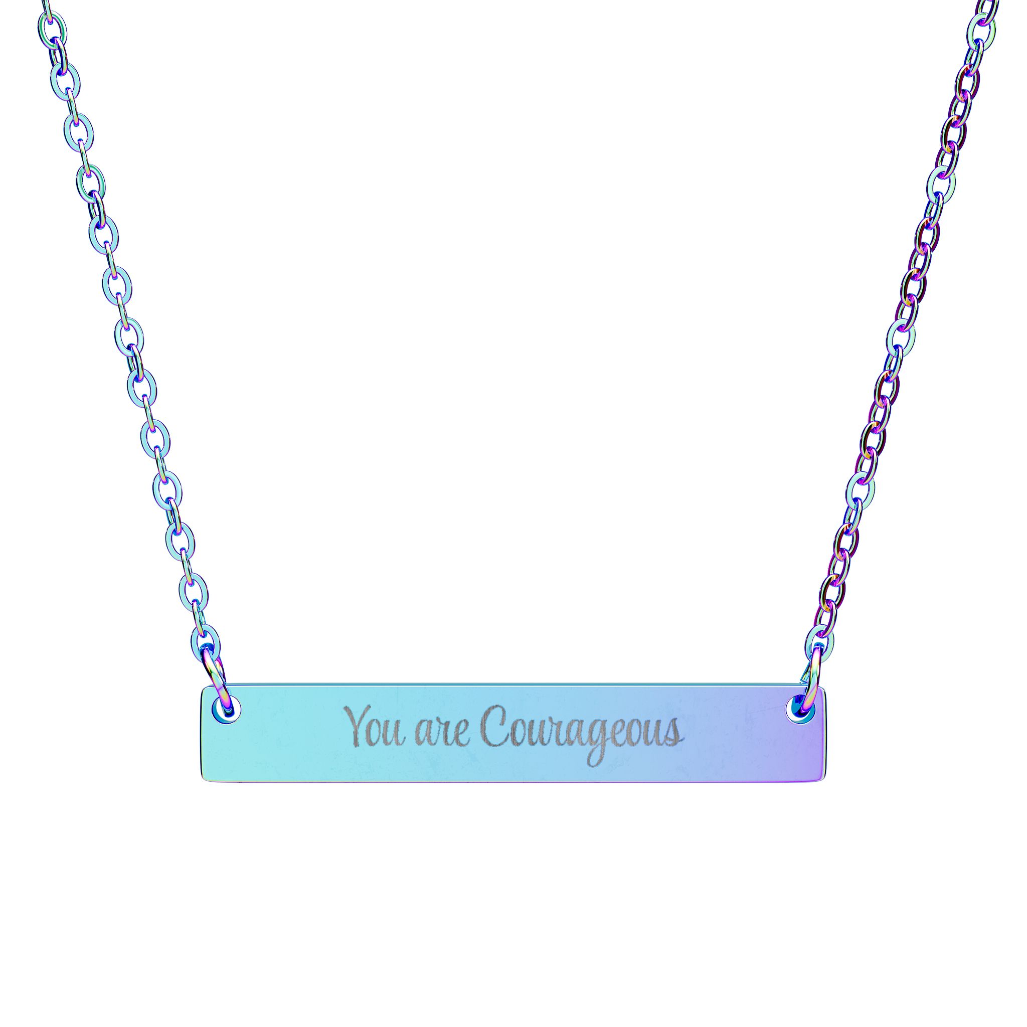 "You are Courageous" Engravable Horizontal Bar Necklace in Rainbow PVD finish