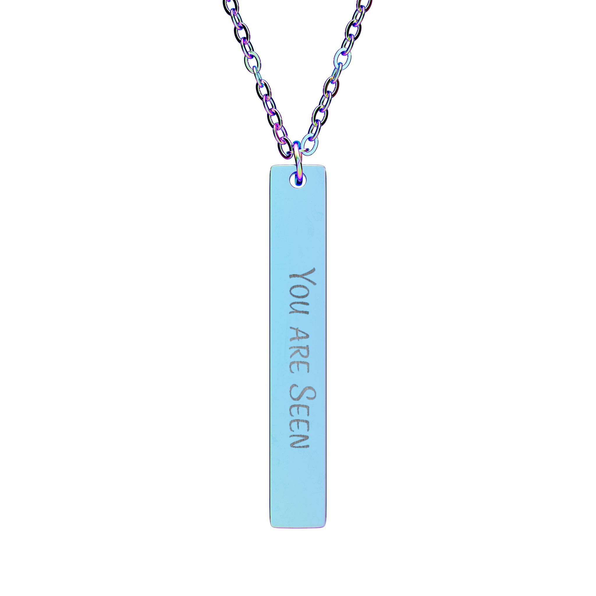 "You Are Seen" Engraved Vertical Bar Necklace in Rainbow PVD finish
