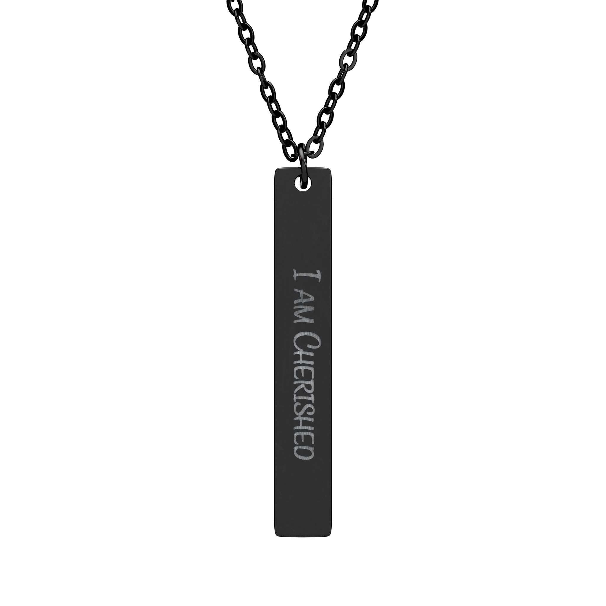 "I am Cherished" Engraved Vertical Bar Necklace in Black PVD finish