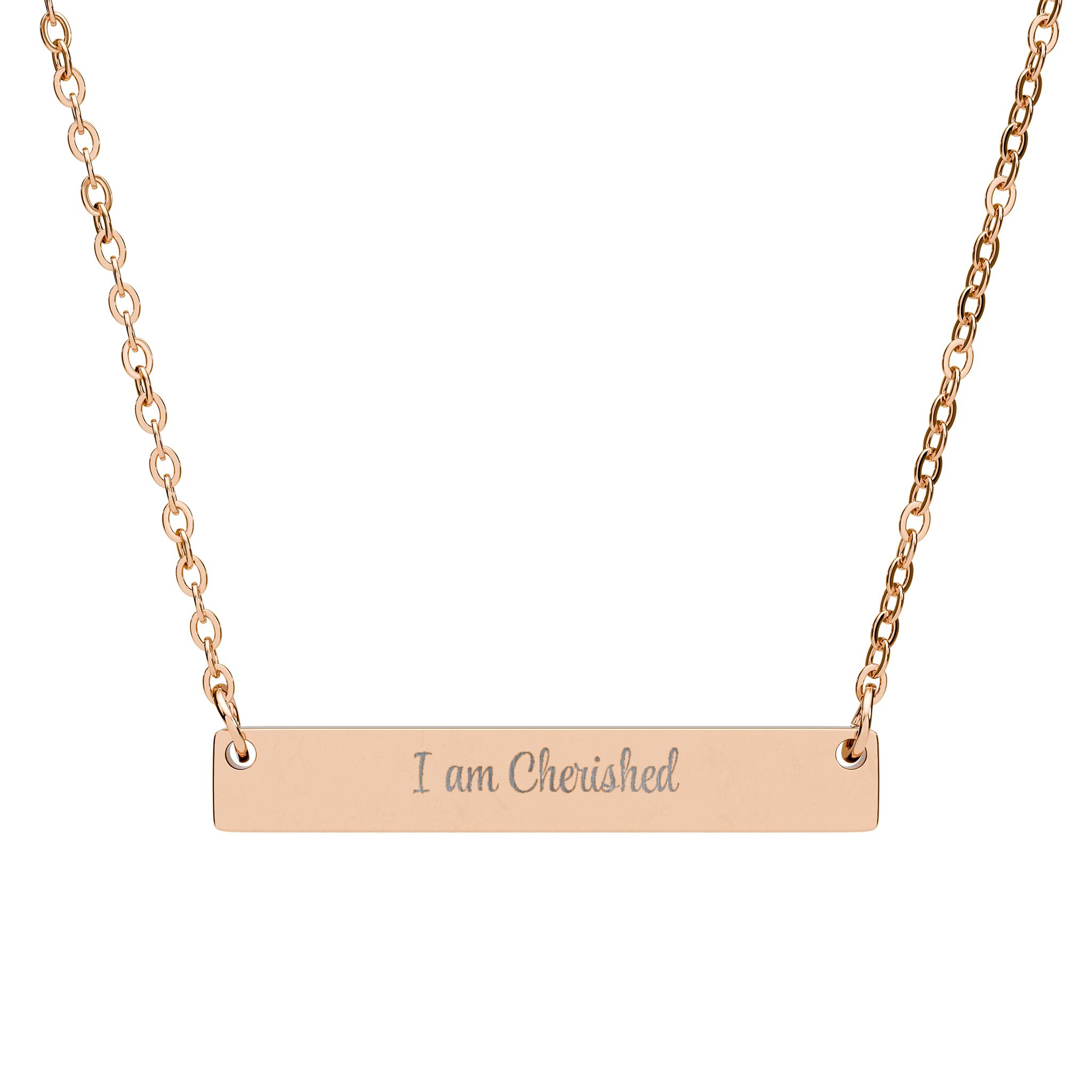 “I am Cherished” Engravable Horizontal Bar Necklace in 18K Rose Gold PVD finish