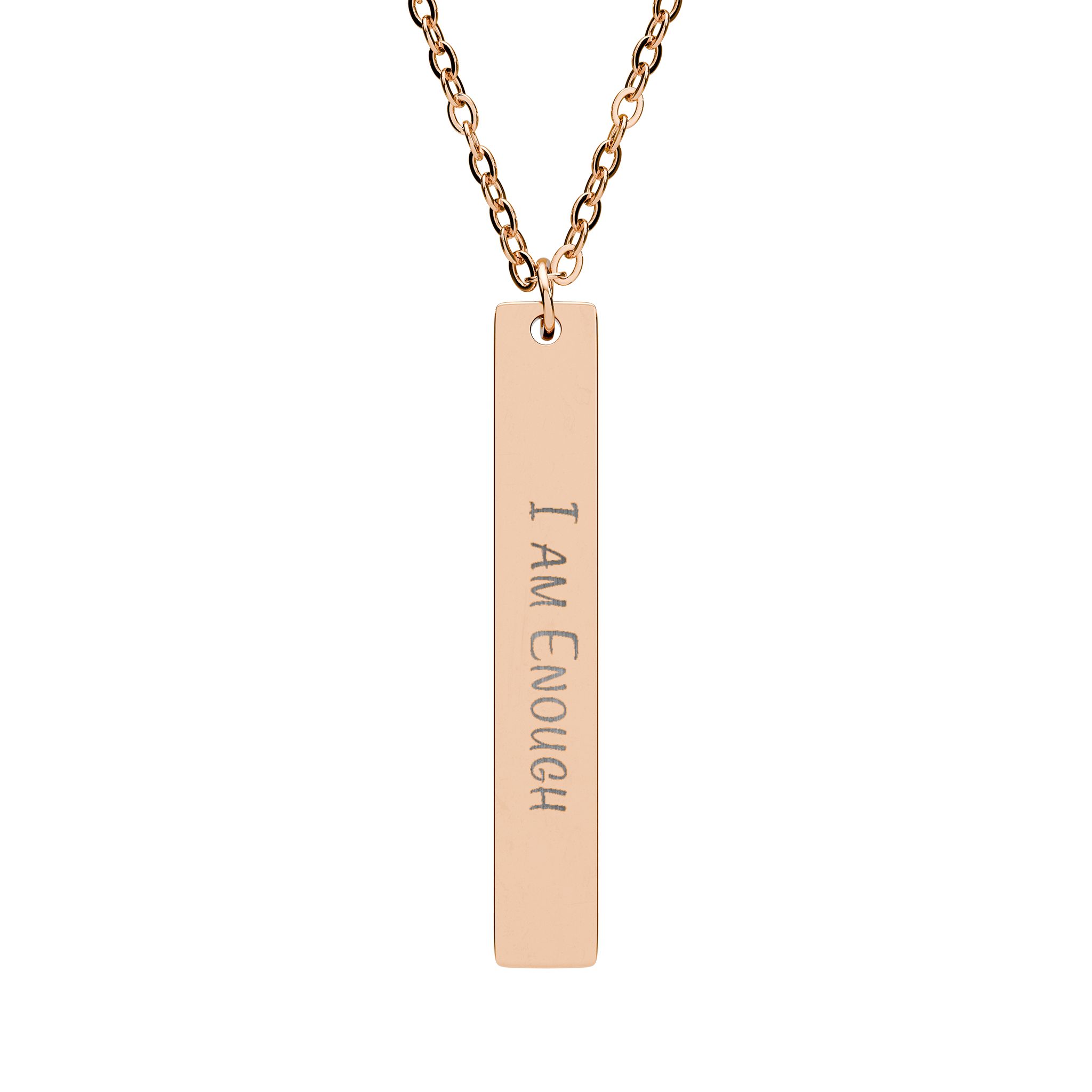 "I Am Enough" Engraved Vertical Bar Necklace in 18K Rose Gold PVD finish