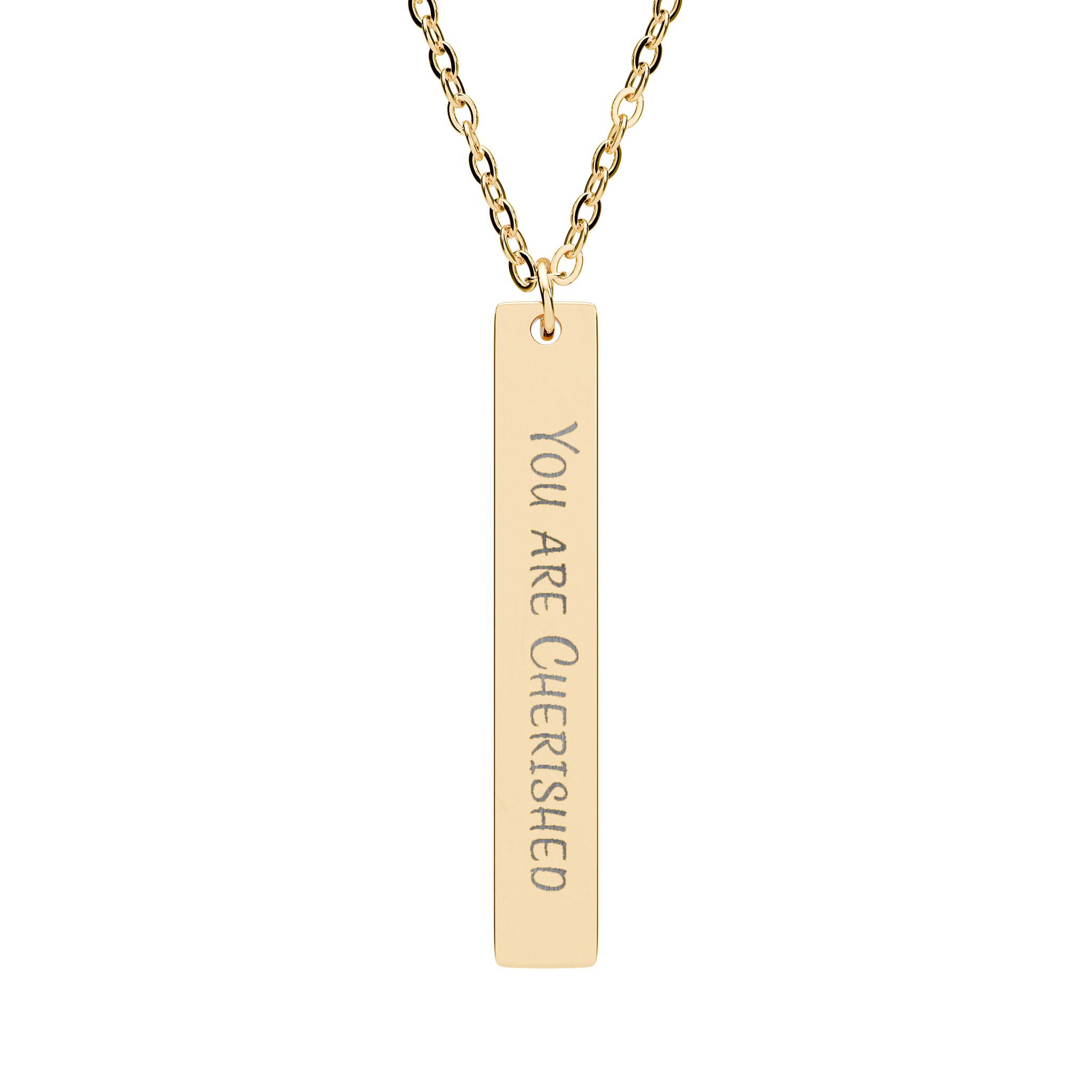 "You Are Cherished" Engraved Vertical Bar Necklace in 18K Gold PVD finish